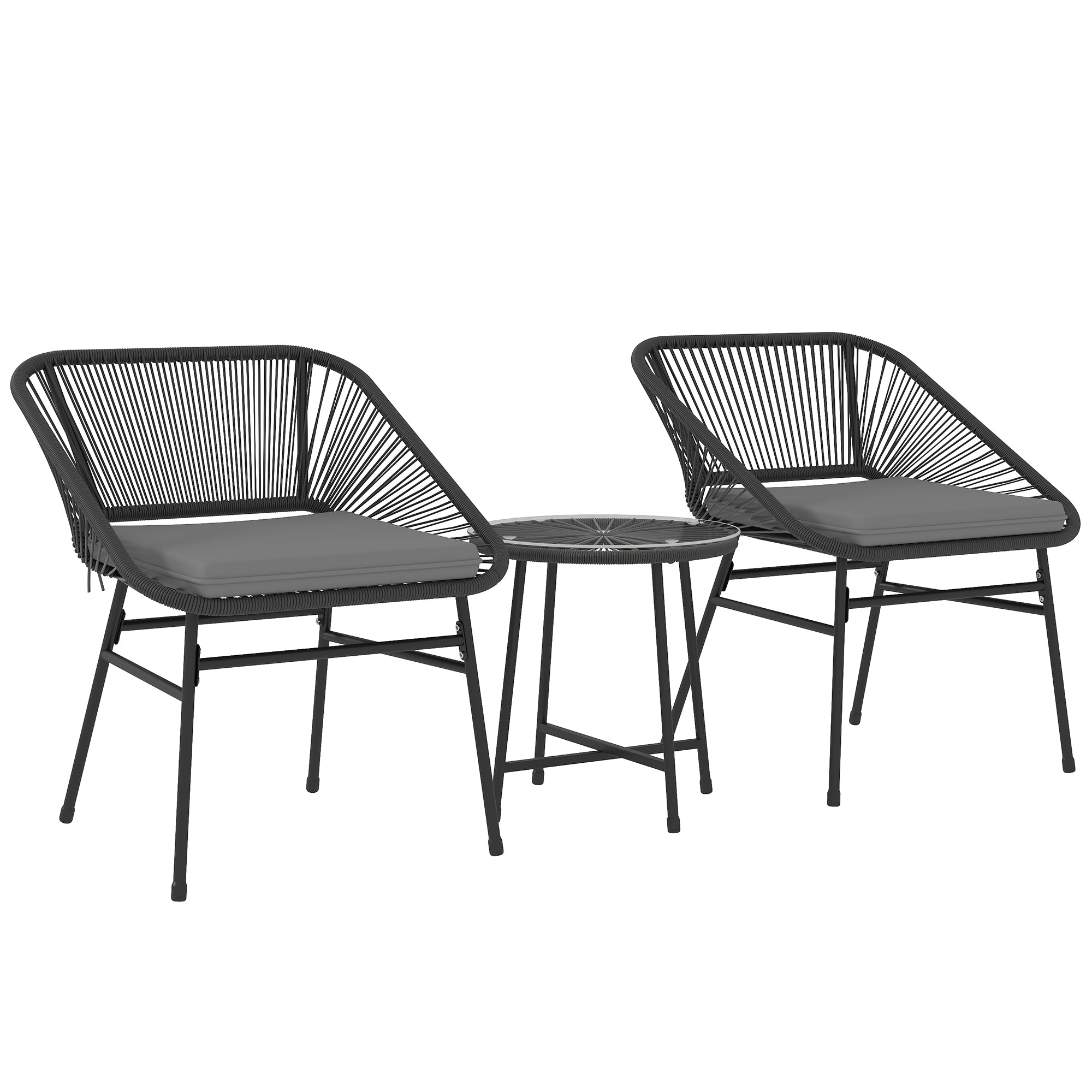 Outsunny 3 Pieces Wicker Patio Furniture Set, Acapulco Chair Set with Glass Top Coffee Table and Cushions, Bistro Table Set Outdoor Patio Conversation Set for Porch, Balcony, Black