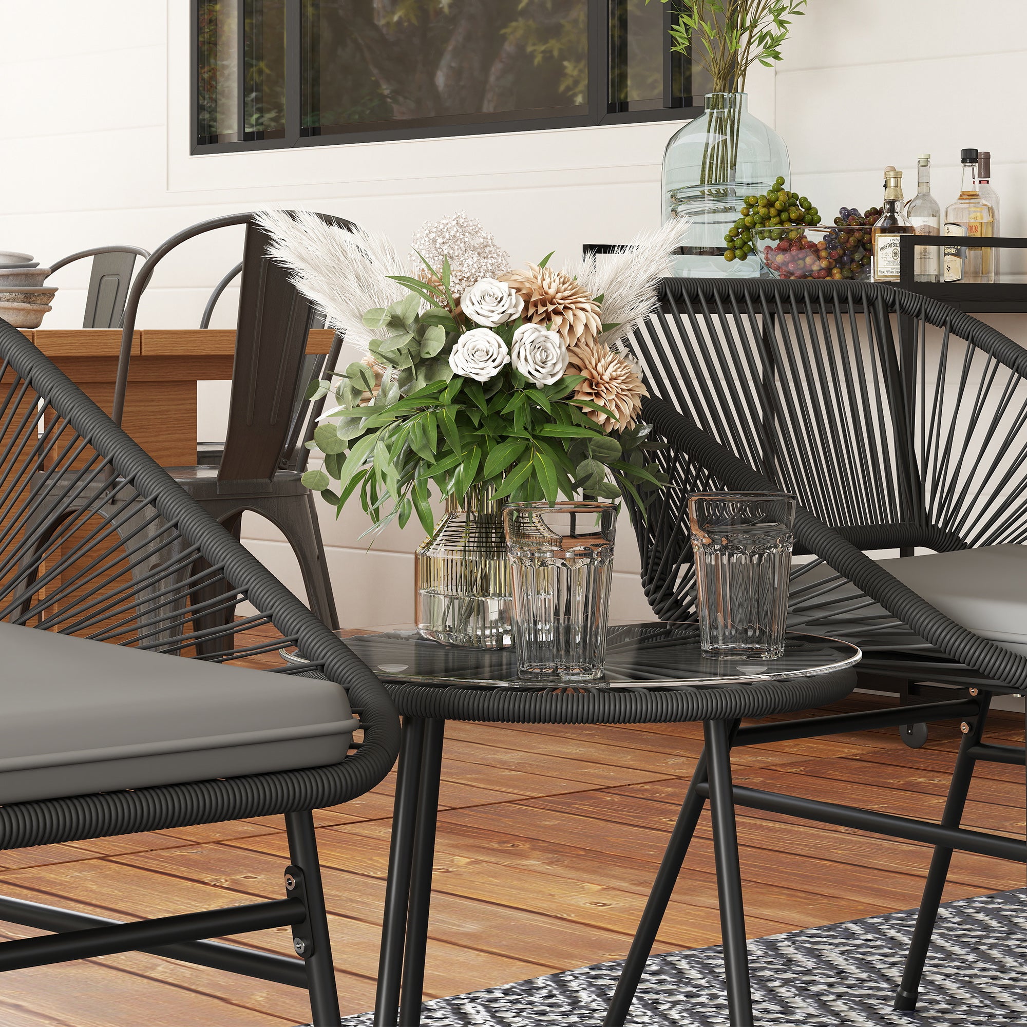 Outsunny 3 Pieces Wicker Patio Furniture Set, Acapulco Chair Set with Glass Top Coffee Table and Cushions, Bistro Table Set Outdoor Patio Conversation Set for Porch, Balcony, Black