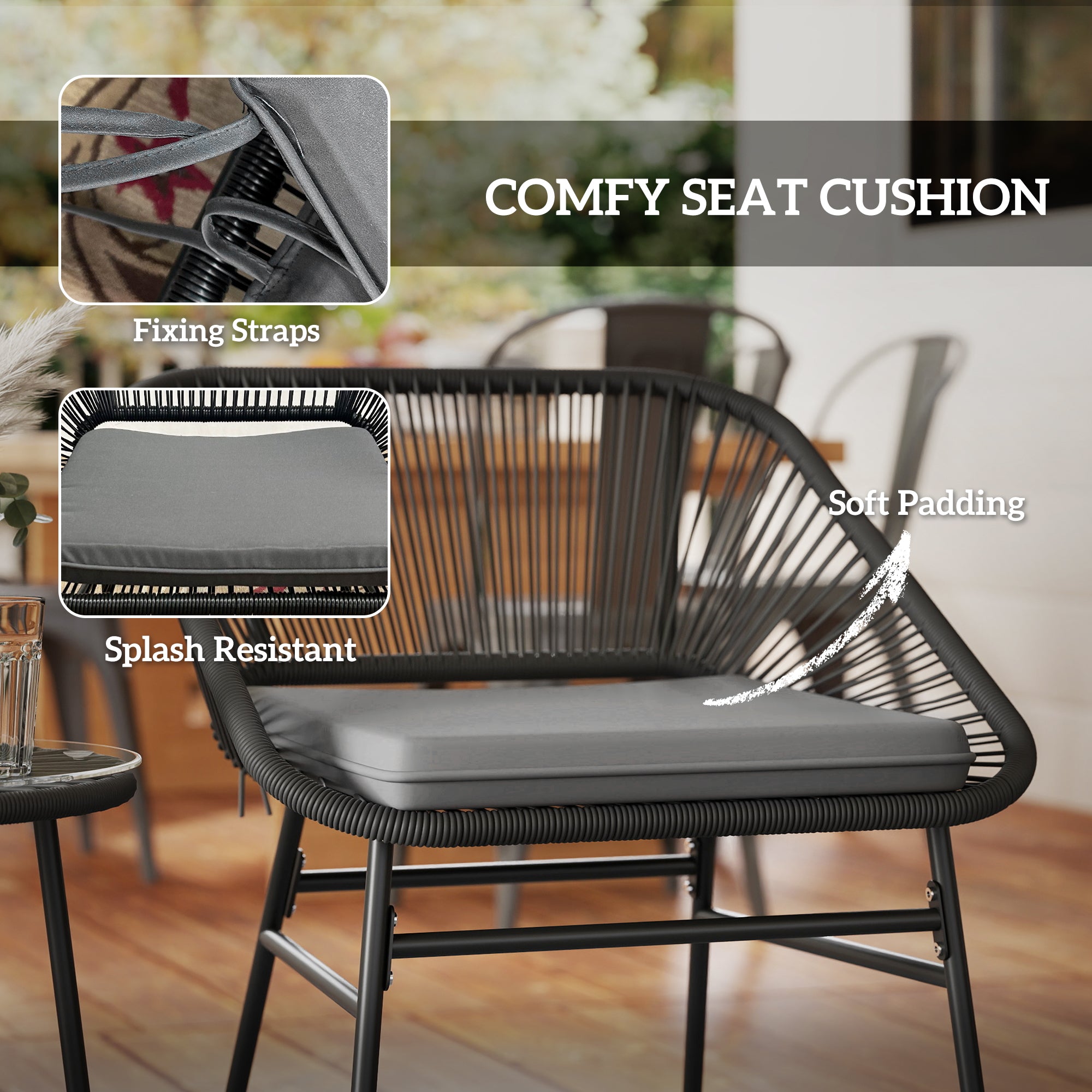 Outsunny 3 Pieces Wicker Patio Furniture Set, Acapulco Chair Set with Glass Top Coffee Table and Cushions, Bistro Table Set Outdoor Patio Conversation Set for Porch, Balcony, Black