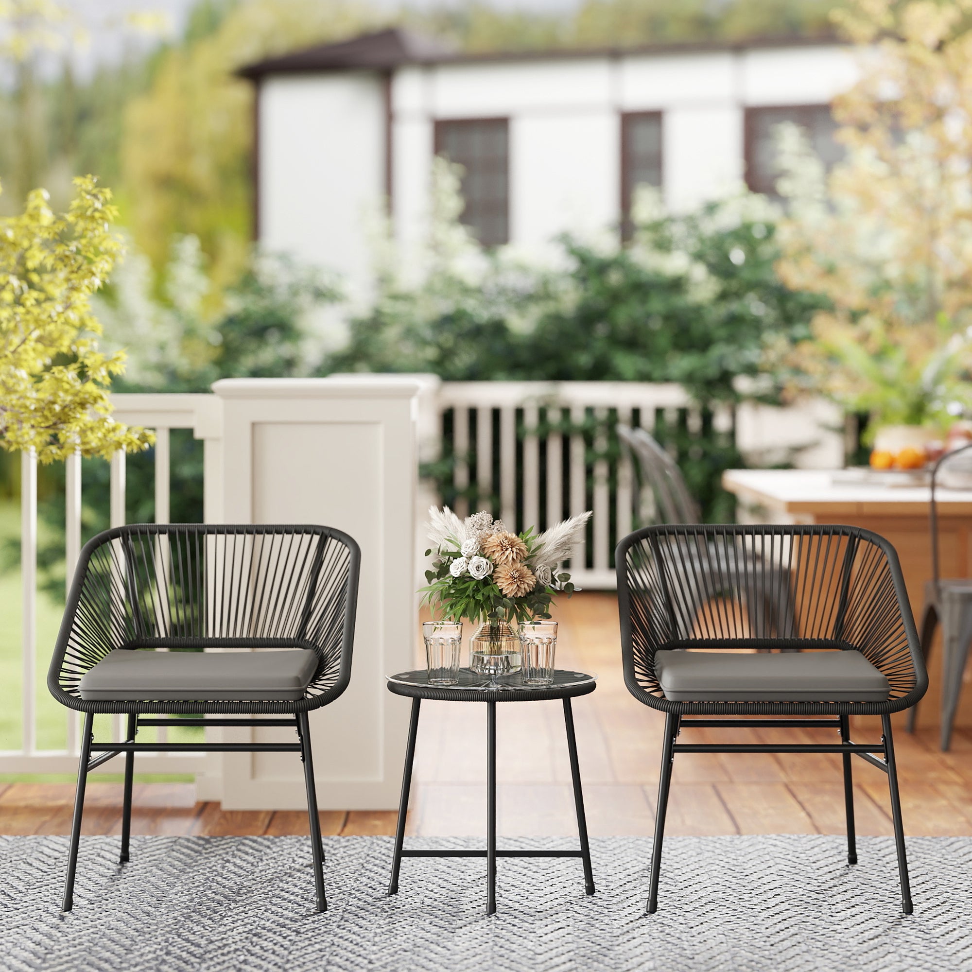 Outsunny 3 Pieces Wicker Patio Furniture Set, Acapulco Chair Set with Glass Top Coffee Table and Cushions, Bistro Table Set Outdoor Patio Conversation Set for Porch, Balcony, Black