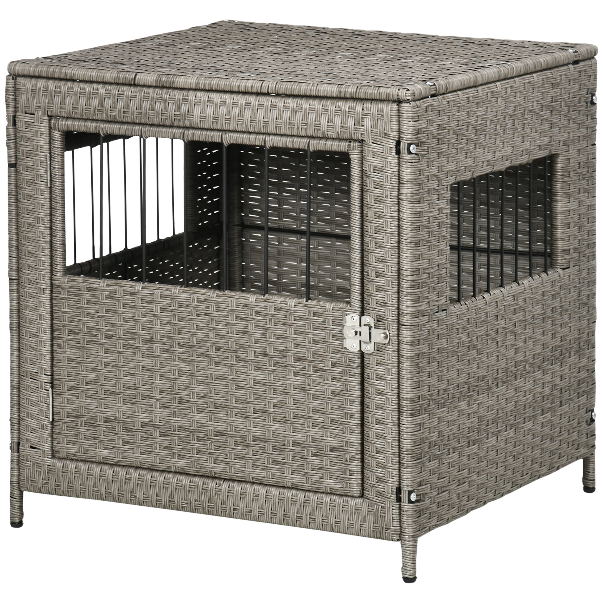 PawHut Wicker Dog Cage, Dog Crate with Lockable Door and Soft Washable Cushion for Small Sized Dogs, 62 x 59 x 66 cm, Grey