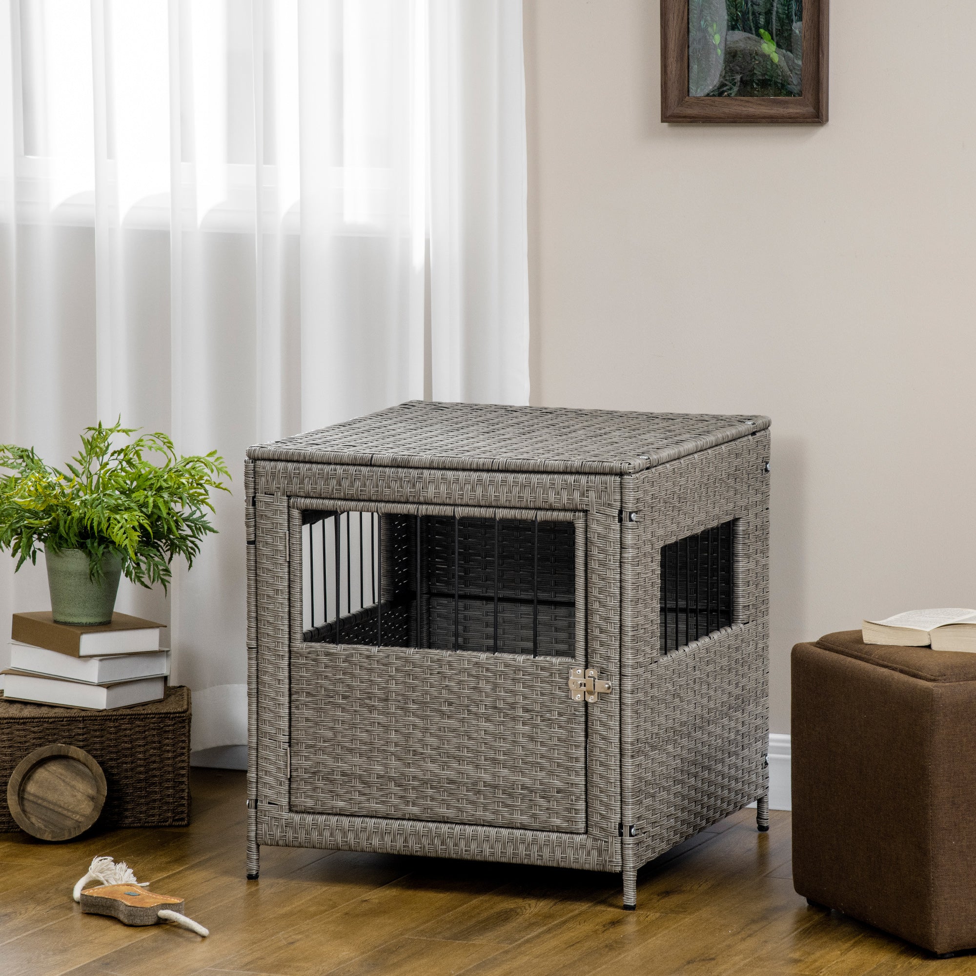 PawHut Wicker Dog Cage, Dog Crate with Lockable Door and Soft Washable Cushion for Small Sized Dogs, 62 x 59 x 66 cm, Grey