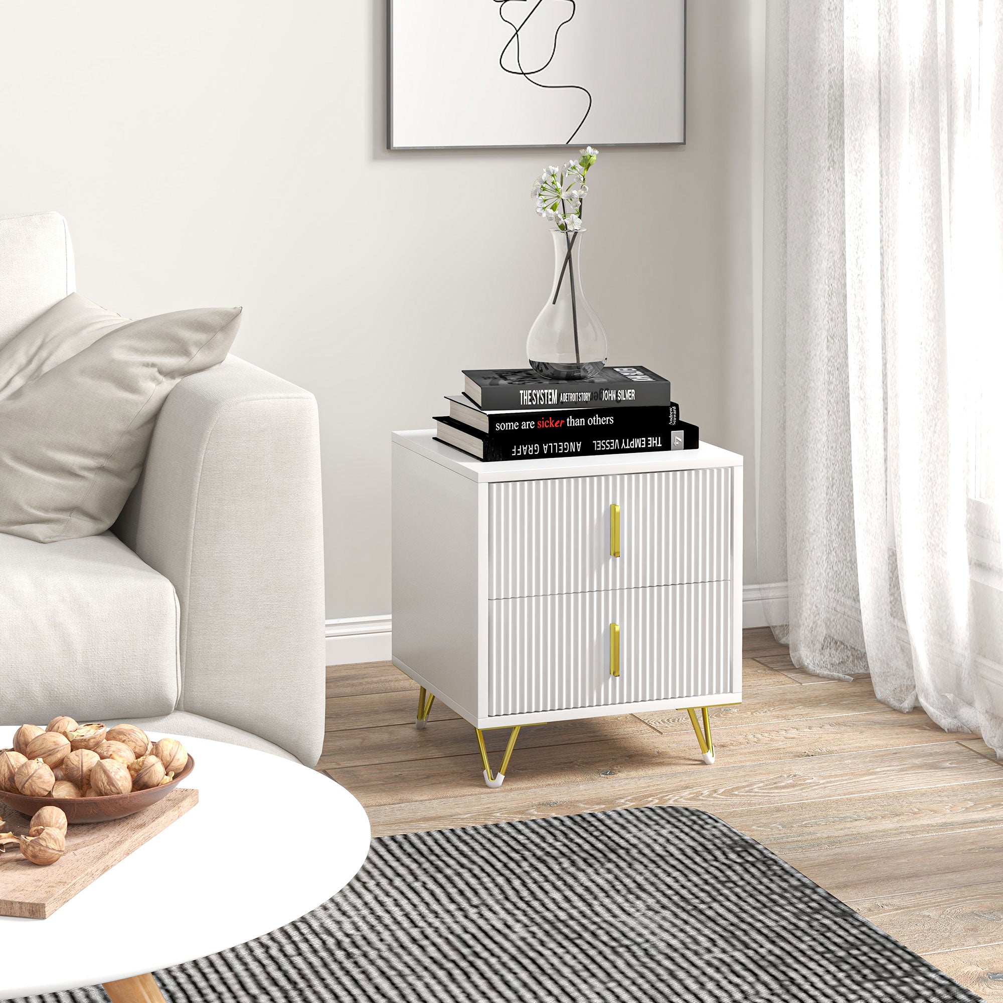 HOMCOM Nightstand, Bedside Table with 2 Drawers, Side End Table with Metal Legs for Bedroom, White