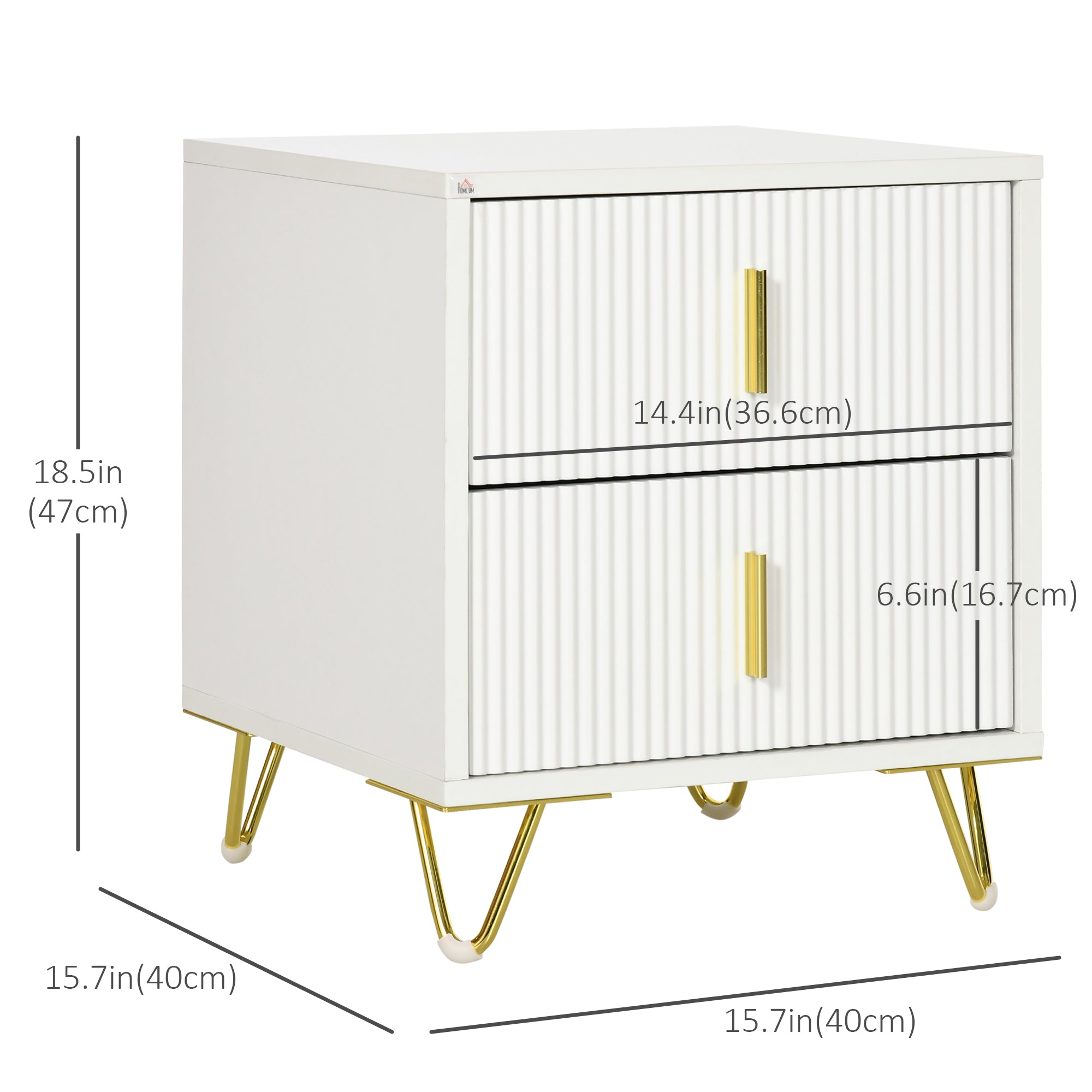 HOMCOM Nightstand, Bedside Table with 2 Drawers, Side End Table with Metal Legs for Bedroom, White