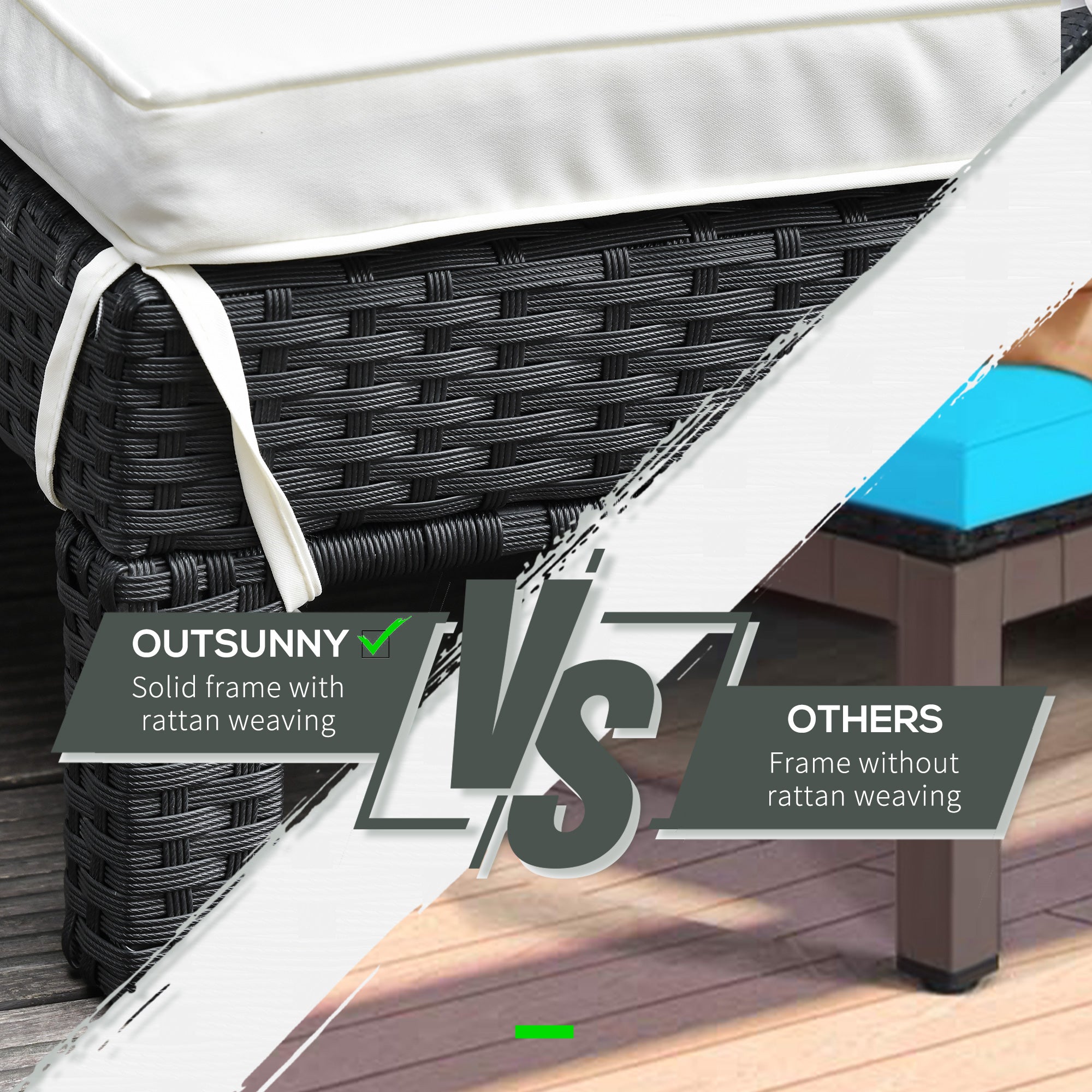 Outsunny Wicker Double Chaise Lounger Chair Outdoor Recliner 2 Person Rattan Patio Reclining Sunbed Furniture Cushioned w/Adjustable Backrest, Cream White