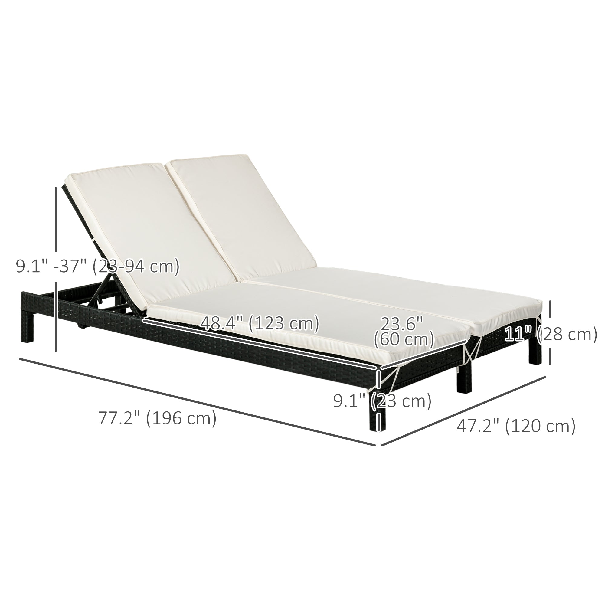 Outsunny Wicker Double Chaise Lounger Chair Outdoor Recliner 2 Person Rattan Patio Reclining Sunbed Furniture Cushioned w/Adjustable Backrest, Cream White