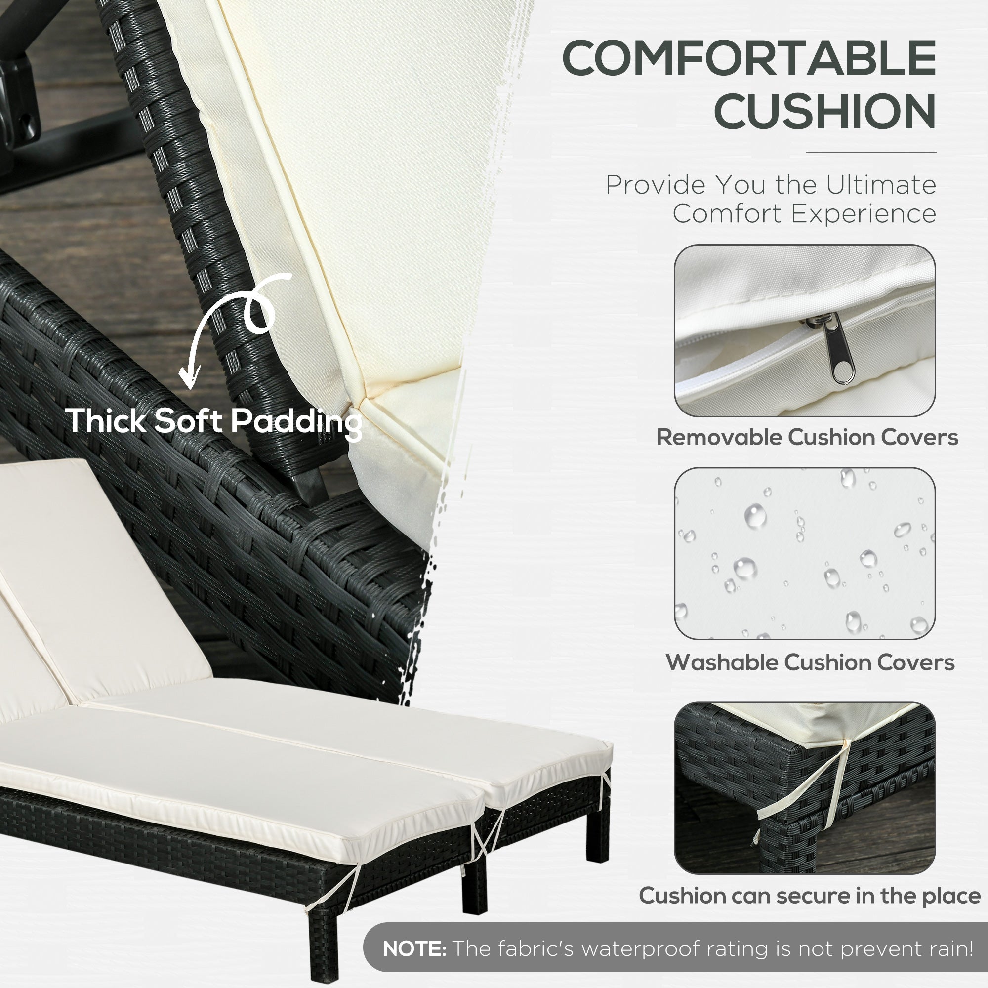 Outsunny Wicker Double Chaise Lounger Chair Outdoor Recliner 2 Person Rattan Patio Reclining Sunbed Furniture Cushioned w/Adjustable Backrest, Cream White