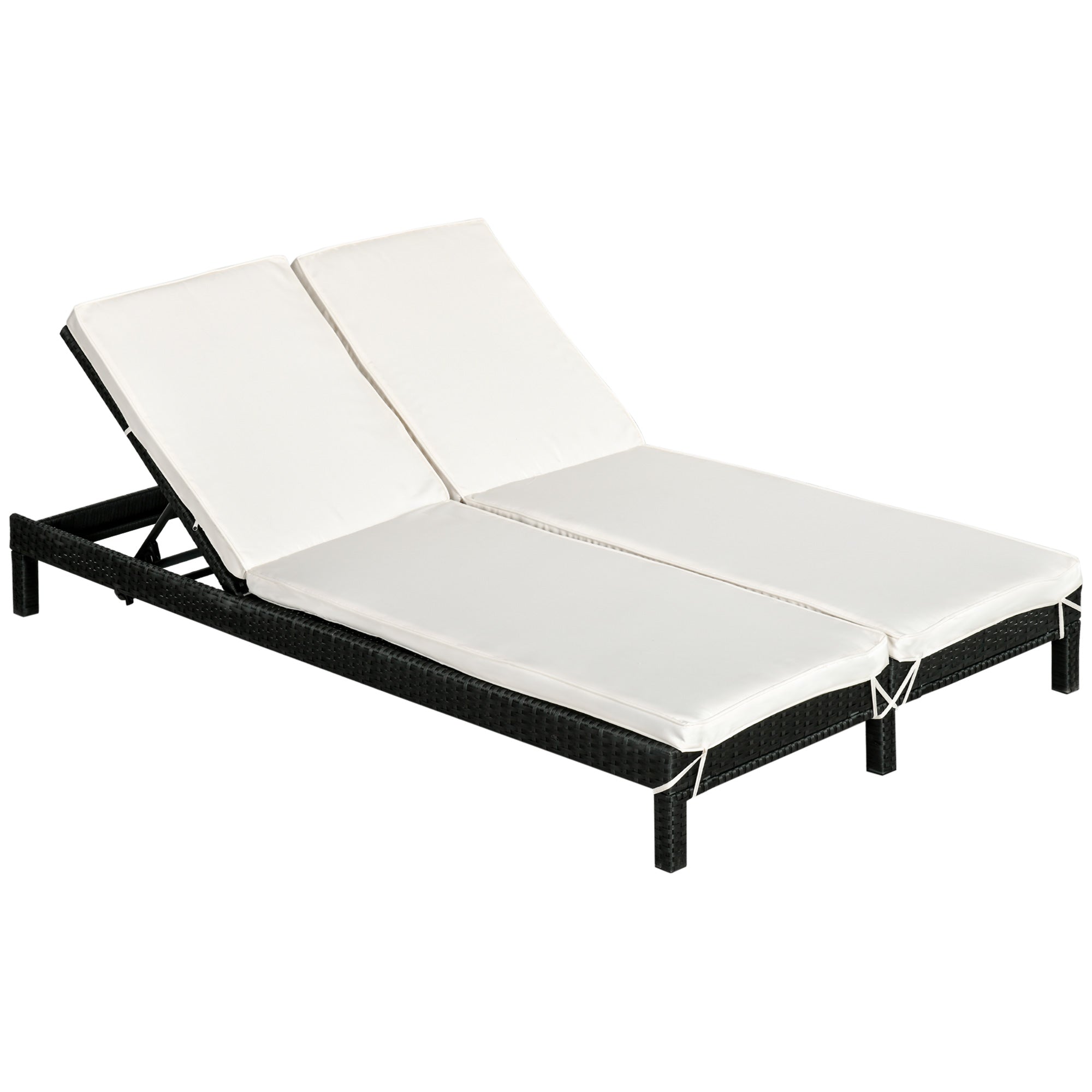 Outsunny Wicker Double Chaise Lounger Chair Outdoor Recliner 2 Person Rattan Patio Reclining Sunbed Furniture Cushioned w/Adjustable Backrest, Cream White