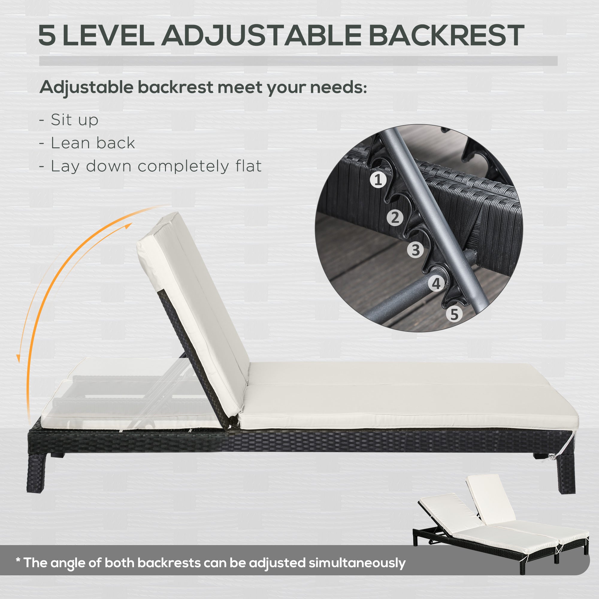 Outsunny Wicker Double Chaise Lounger Chair Outdoor Recliner 2 Person Rattan Patio Reclining Sunbed Furniture Cushioned w/Adjustable Backrest, Cream White