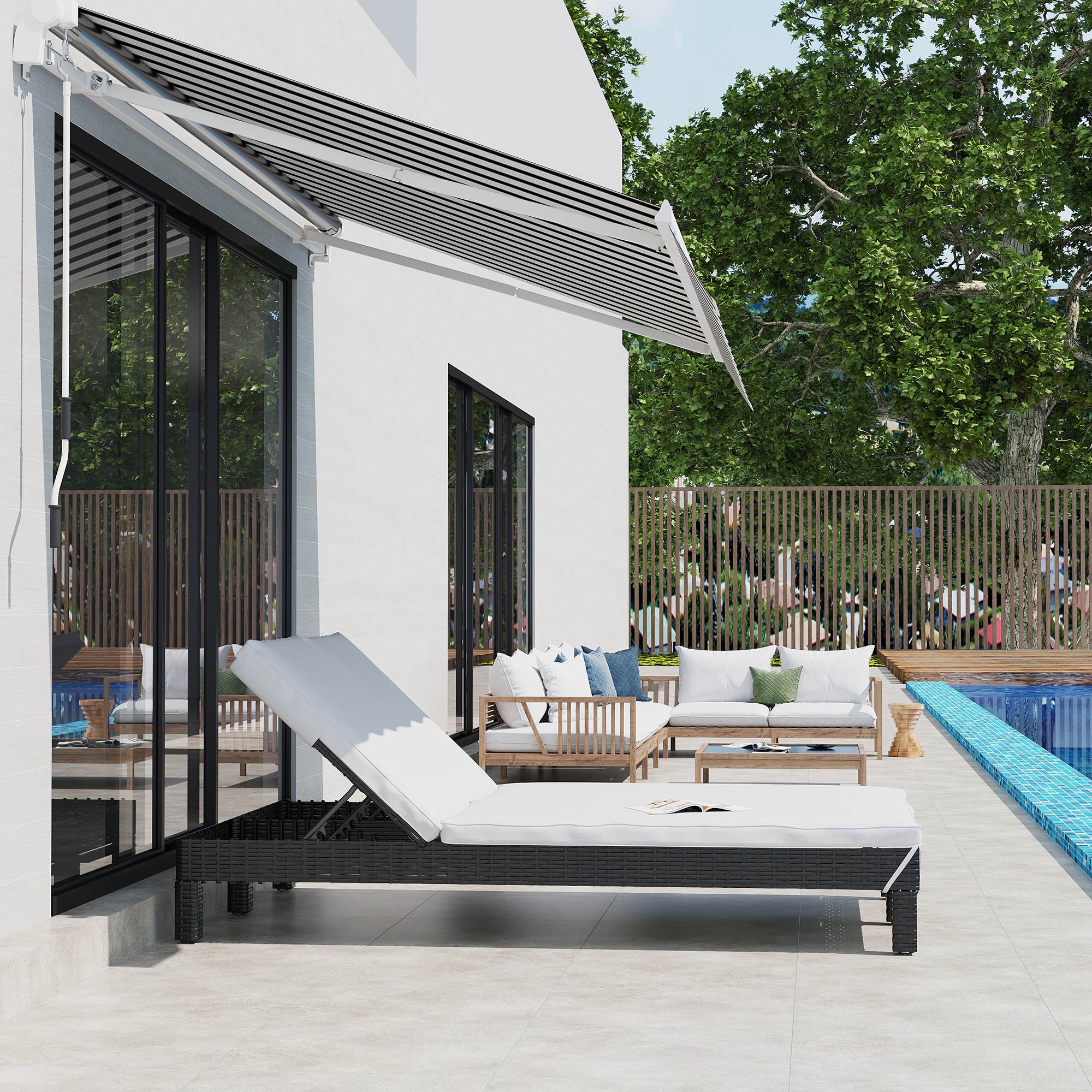 Outsunny Wicker Double Chaise Lounger Chair Outdoor Recliner 2 Person Rattan Patio Reclining Sunbed Furniture Cushioned w/Adjustable Backrest, Cream White