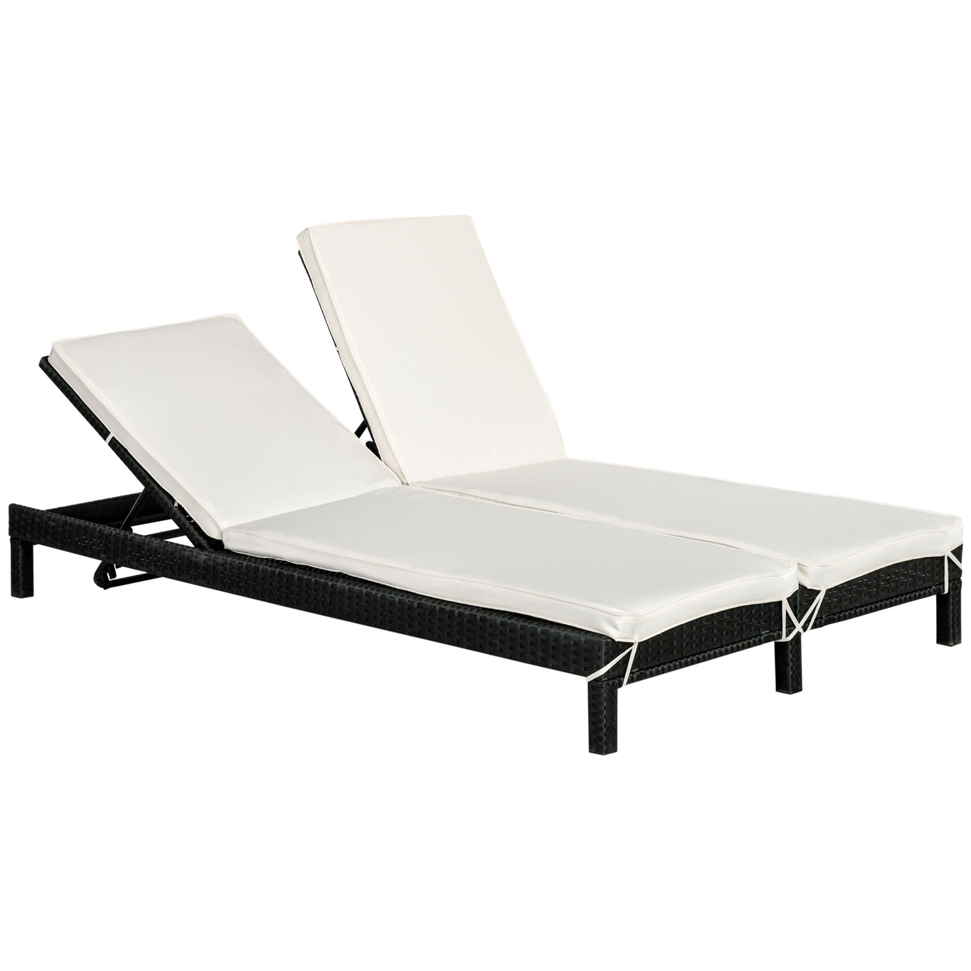 Outsunny Wicker Double Chaise Lounger Chair Outdoor Recliner 2 Person Rattan Patio Reclining Sunbed Furniture Cushioned w/Adjustable Backrest, Cream White