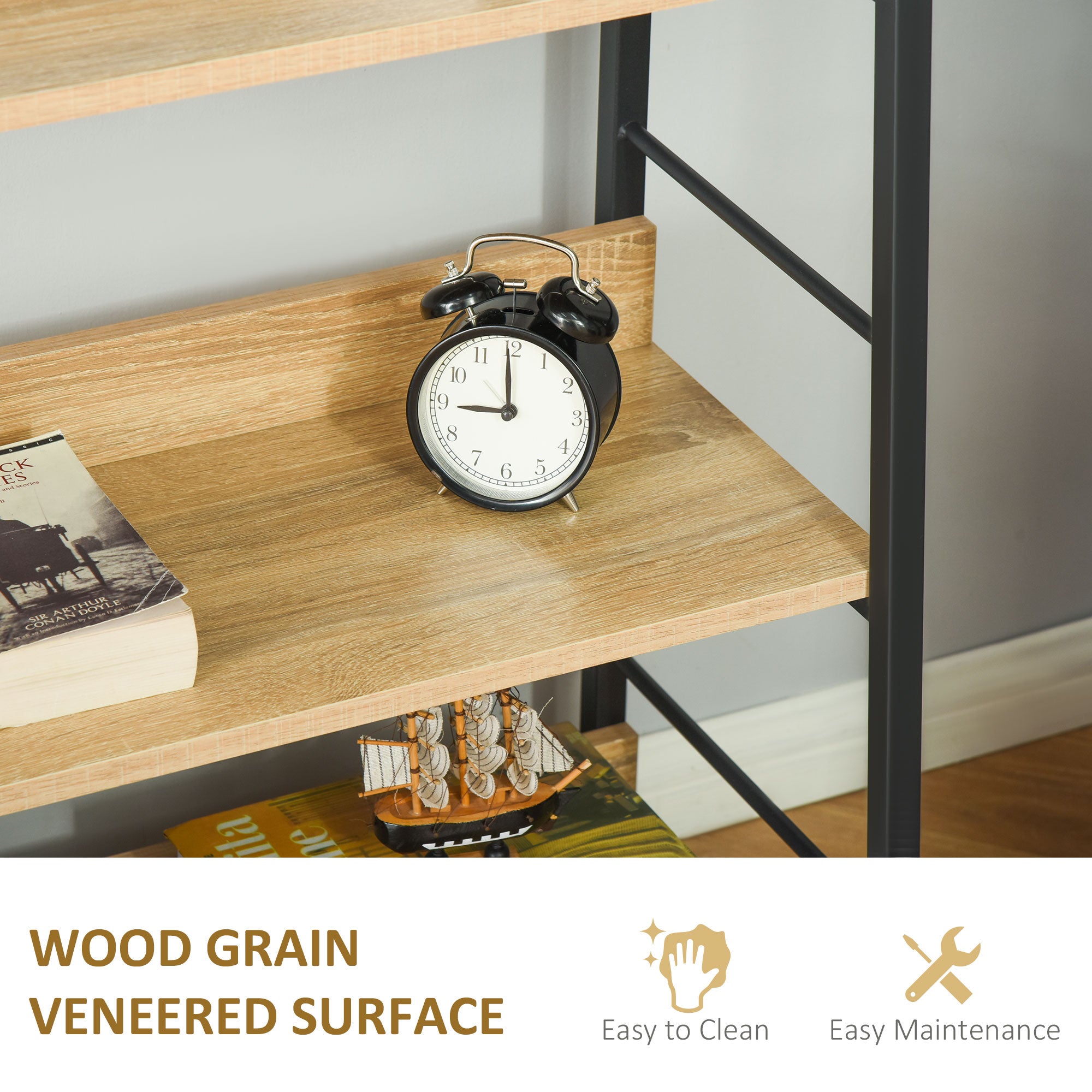 HOMCOM Modern Bookshelf Storage with 5-Tier Wide Shelving, Metal Frame, Wooden Bookcase for Living Room Library Home Furniture, Oak