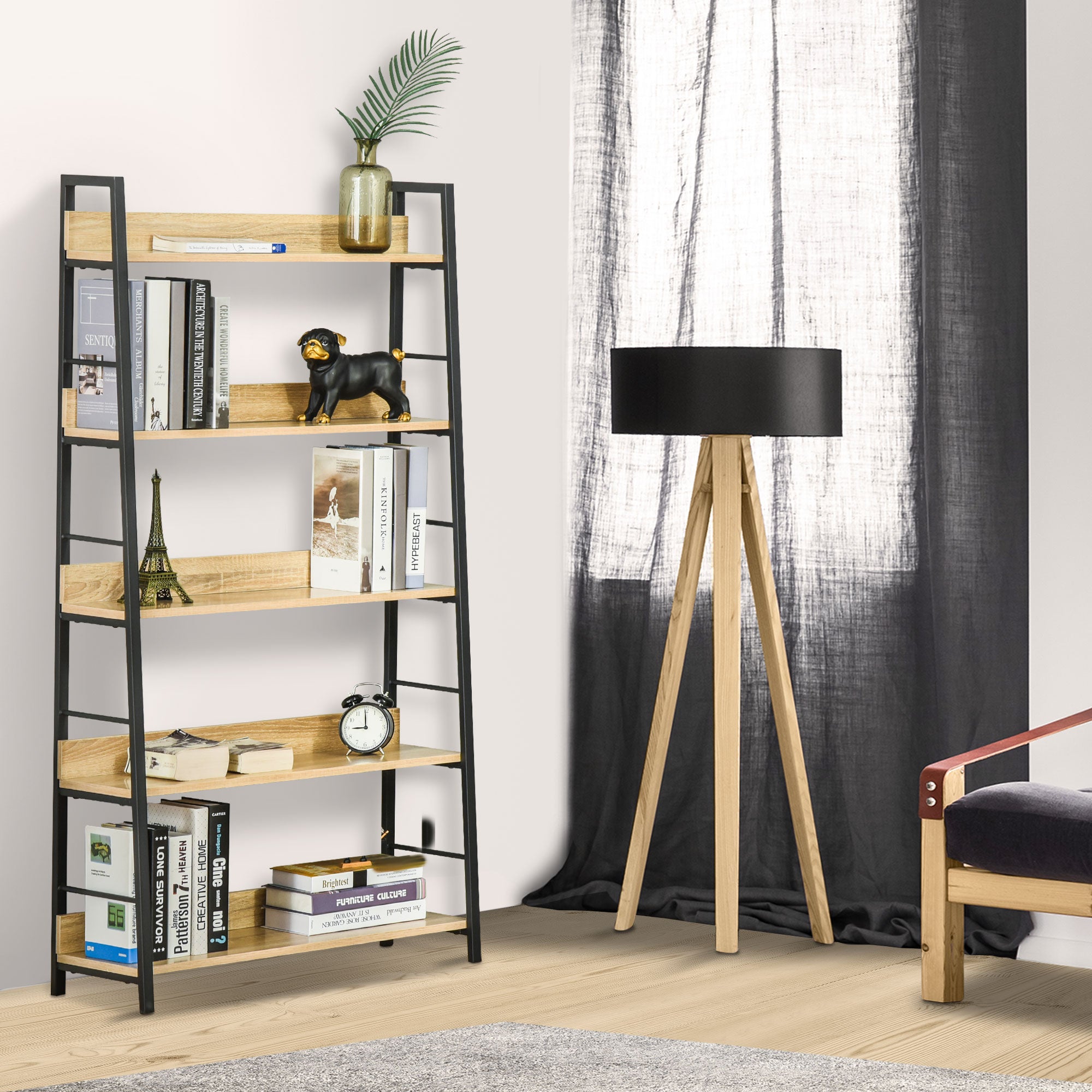 HOMCOM Modern Bookshelf Storage with 5-Tier Wide Shelving, Metal Frame, Wooden Bookcase for Living Room Library Home Furniture, Oak