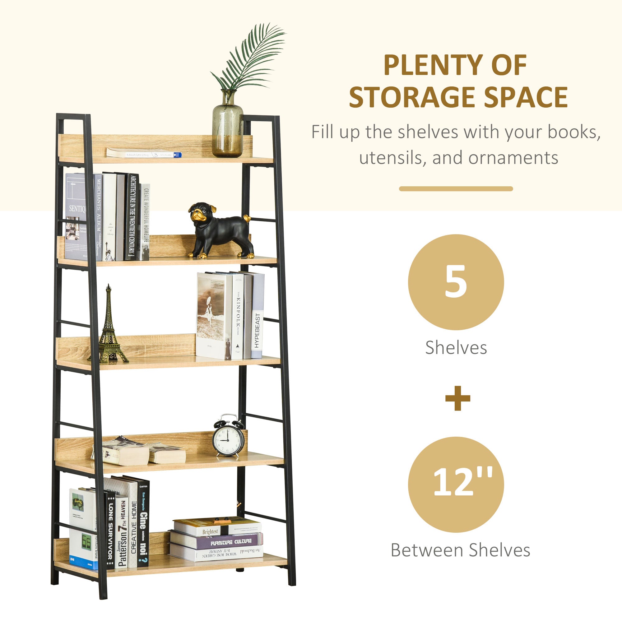 HOMCOM Modern Bookshelf Storage with 5-Tier Wide Shelving, Metal Frame, Wooden Bookcase for Living Room Library Home Furniture, Oak