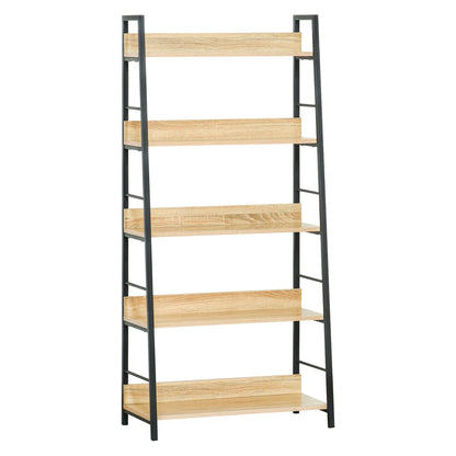 HOMCOM Modern Bookshelf Storage with 5-Tier Wide Shelving, Metal Frame, Wooden Bookcase for Living Room Library Home Furniture, Oak