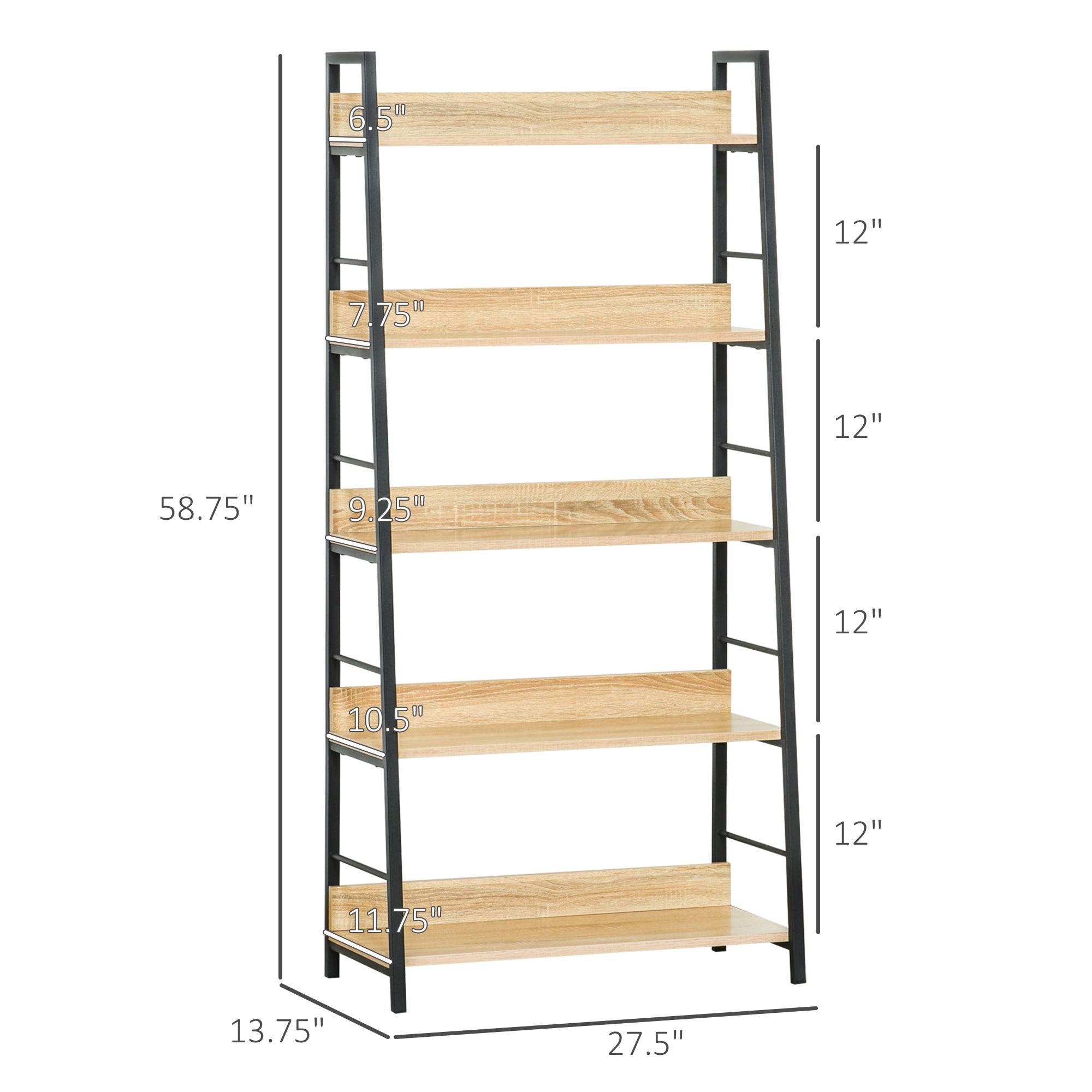 HOMCOM Modern Bookshelf Storage with 5-Tier Wide Shelving, Metal Frame, Wooden Bookcase for Living Room Library Home Furniture, Oak