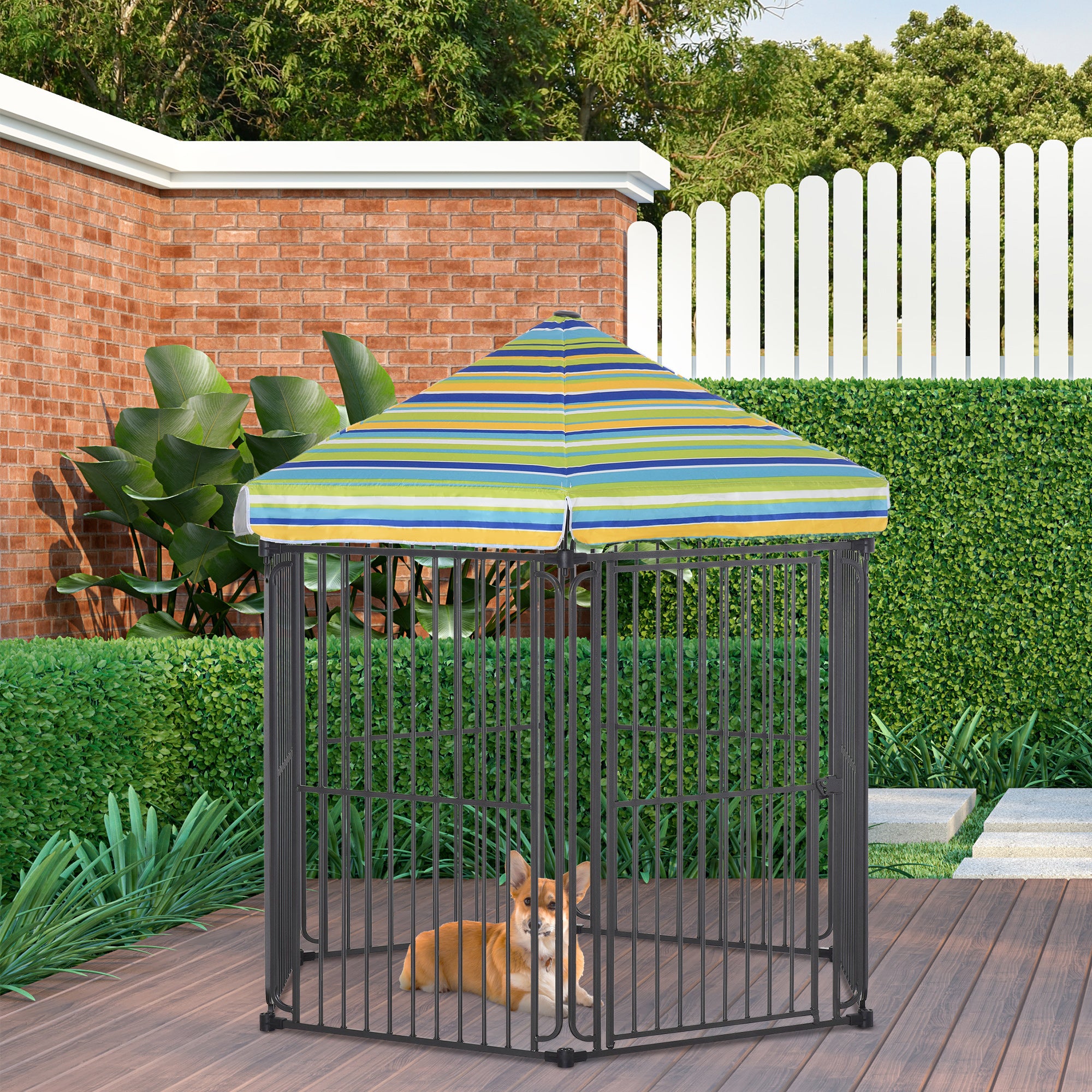PawHut 60" x 52" Heavy-Duty Metal Dog Playpen, Outdoor Pet Cage Kennel, Puppy Exercise Fence Barrier with Weather-Resistant Polyester Roof, Locking Door, & Metal Frame