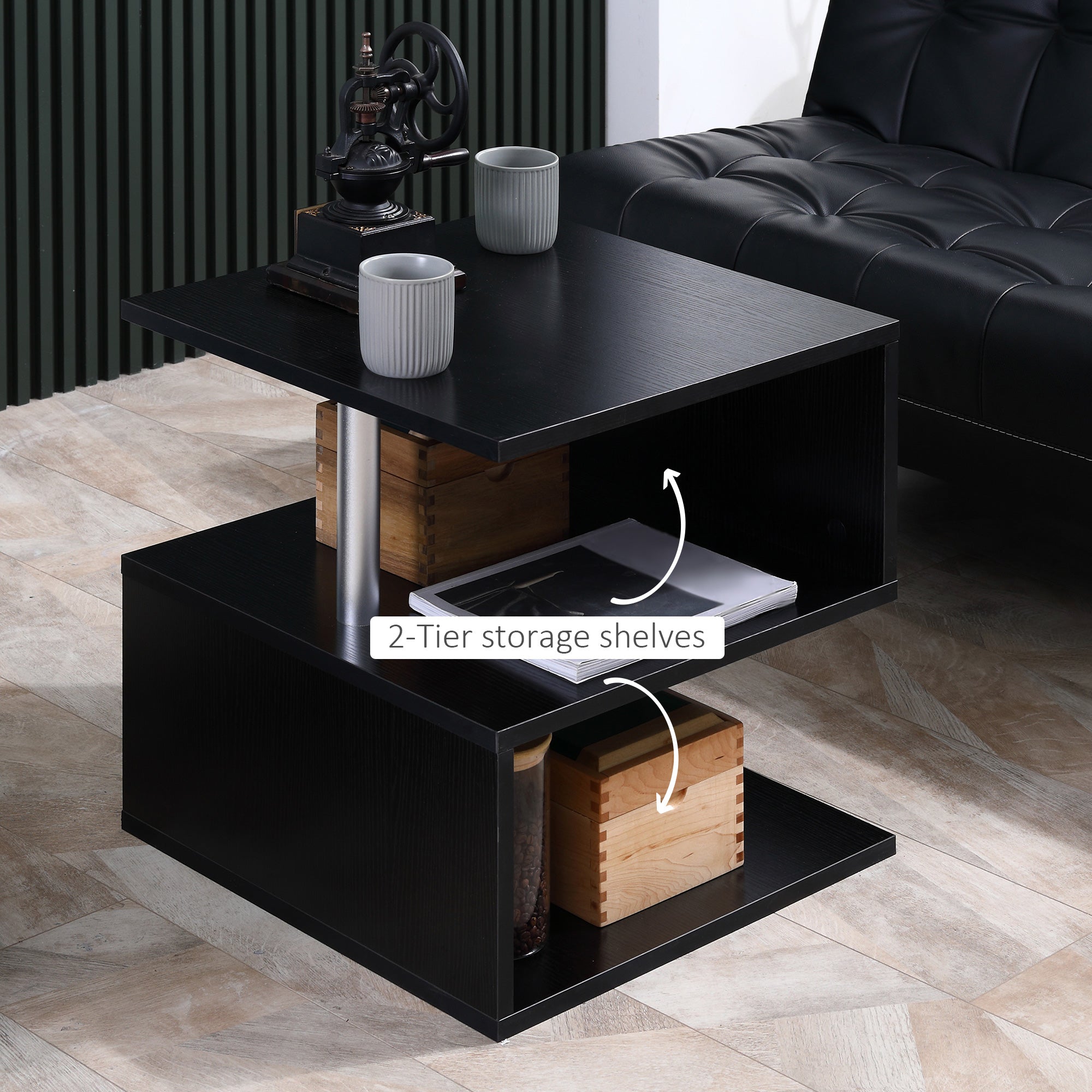HOMCOM Square Side Table, 3-Tier End Table with Storage Shelves and Metal Frame, S-Shaped Accent Table for Living Room, Black