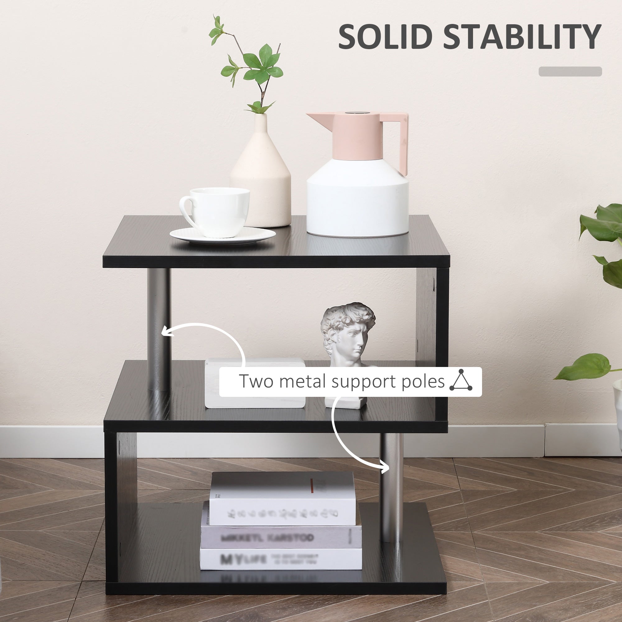 HOMCOM Square Side Table, 3-Tier End Table with Storage Shelves and Metal Frame, S-Shaped Accent Table for Living Room, Black