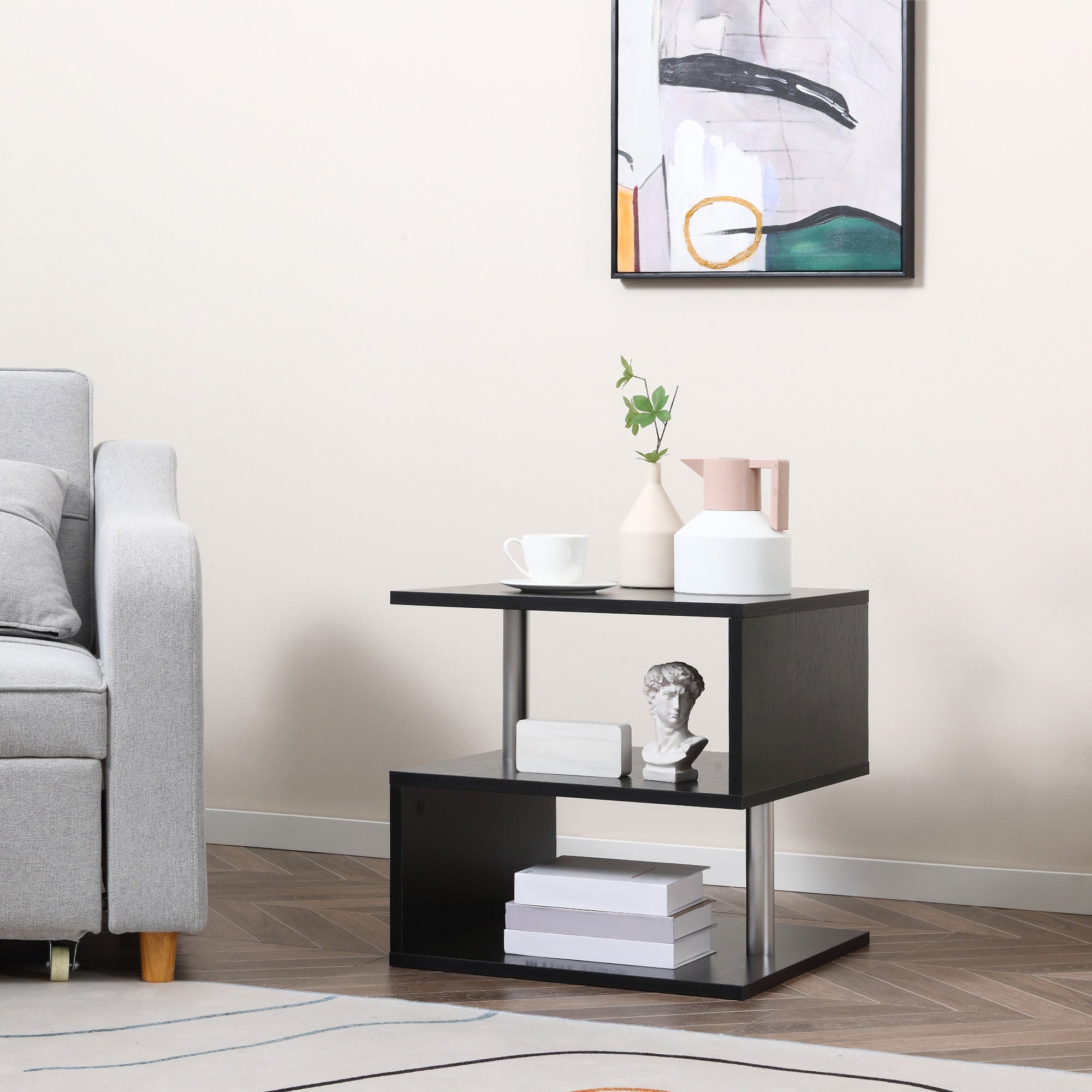 HOMCOM Wooden S Shape Cube Coffee Table 2 Tier Storage Shelves Organizer Office Bookcase Living Room End Desk Stand Display (Black)