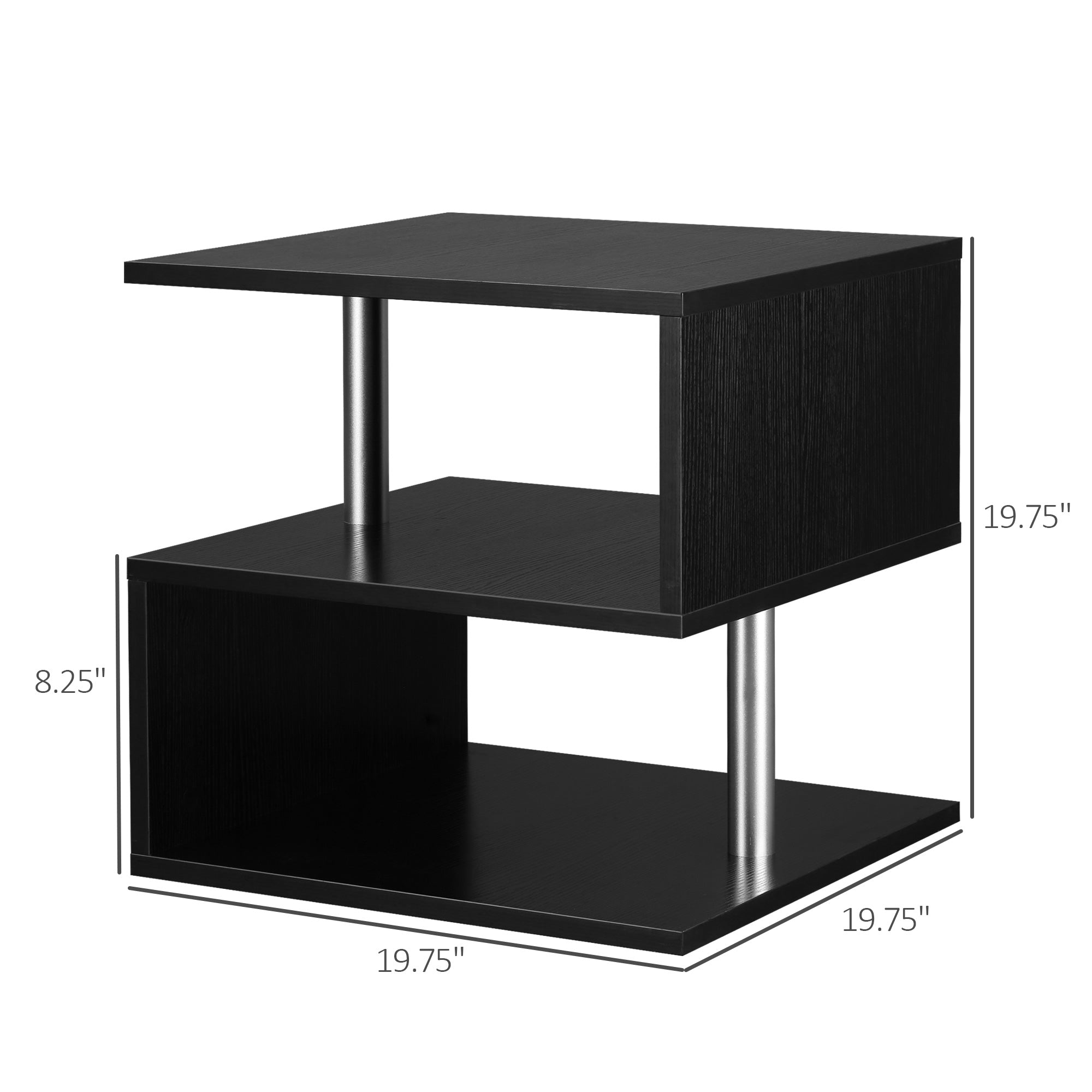HOMCOM Square Side Table, 3-Tier End Table with Storage Shelves and Metal Frame, S-Shaped Accent Table for Living Room, Black