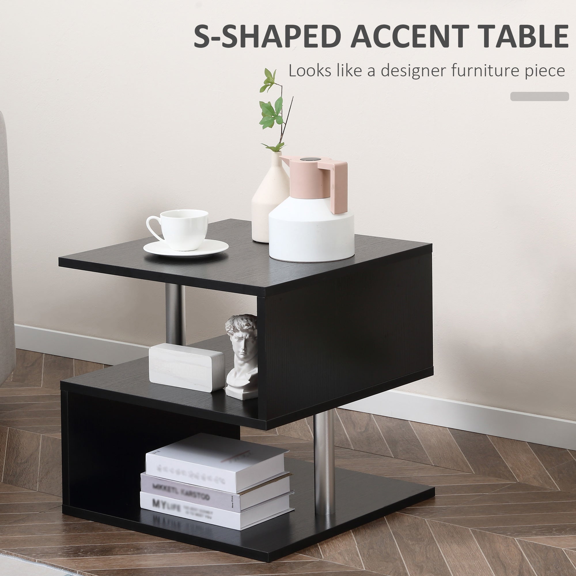 HOMCOM Square Side Table, 3-Tier End Table with Storage Shelves and Metal Frame, S-Shaped Accent Table for Living Room, Black