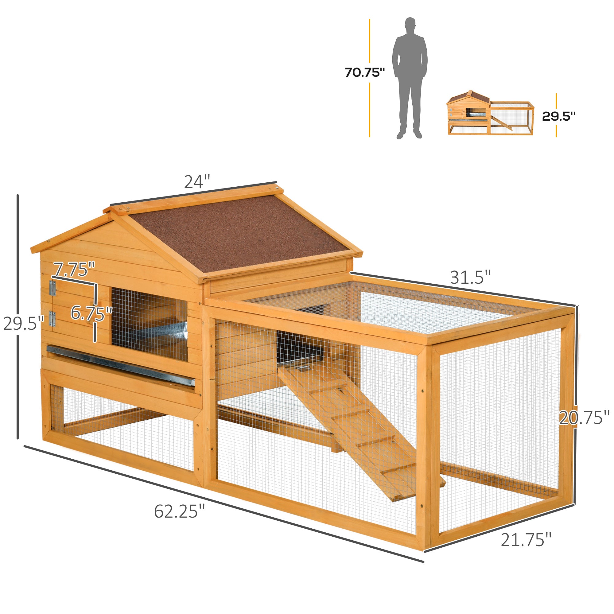 PawHut 62.2" x 22.4" x 28.7" Rabbit Hutch Bunny Hen House with Run Fir Wood