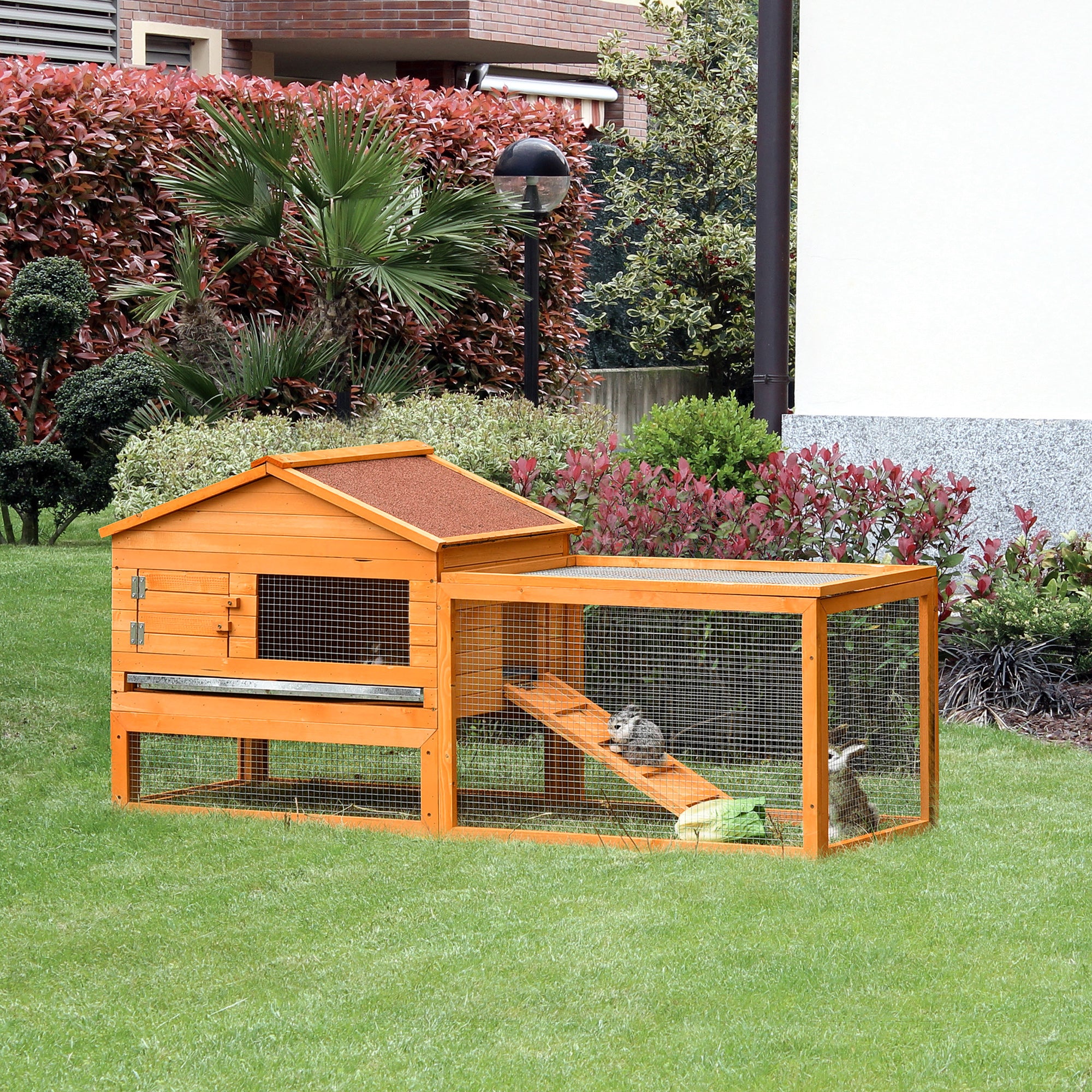 PawHut 62" Large Rabbit Hutch Bunny Cage Small Animal House With Run, Ramp, No Leak Tray and Waterproof Roof for Outdoor