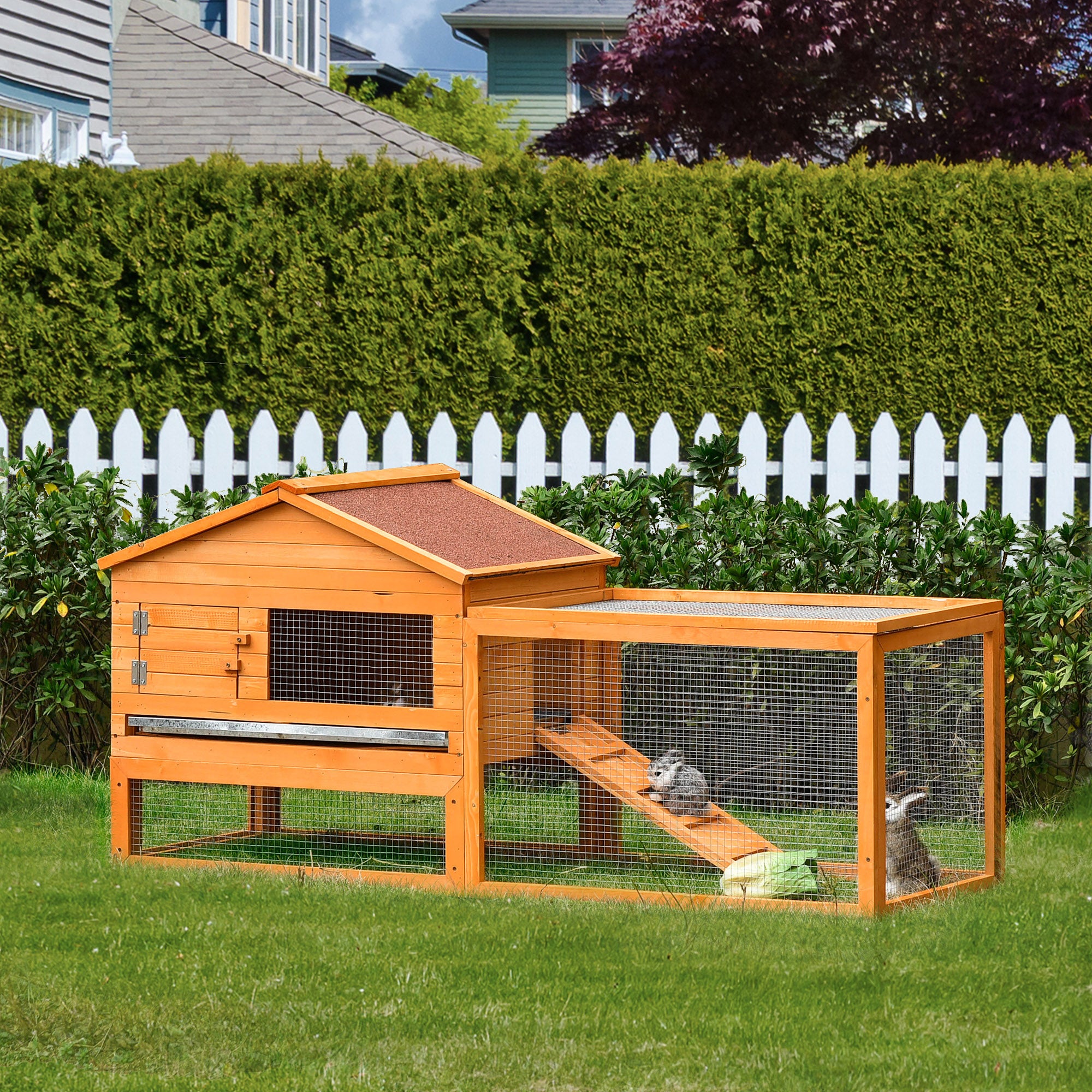 PawHut 62" Large Rabbit Hutch Bunny Cage Small Animal House With Run, Ramp, No Leak Tray and Waterproof Roof for Outdoor