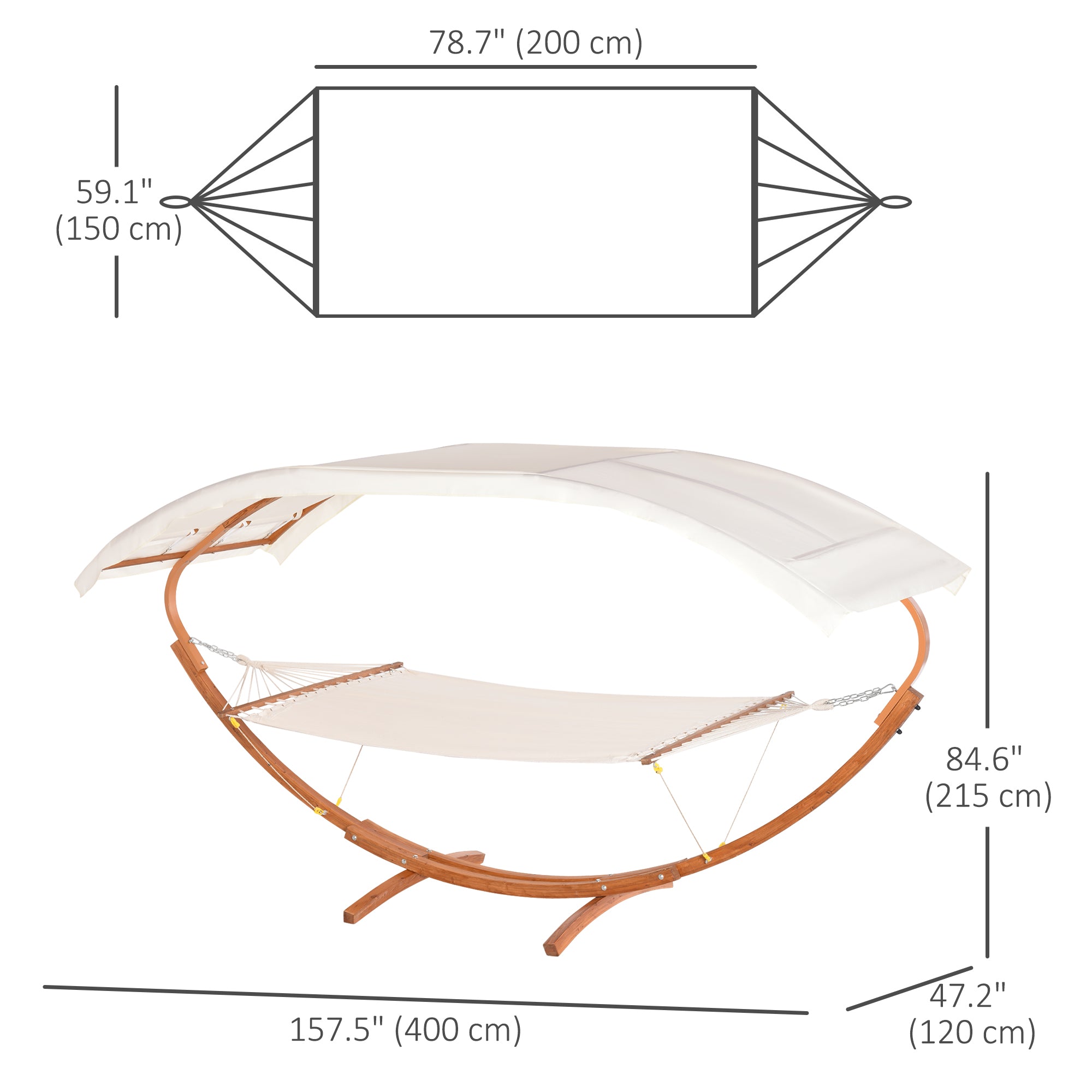 Outsunny 2 Person Wood Swing Arc Hammock Bed and Stand Set with Canopy, White/Teak