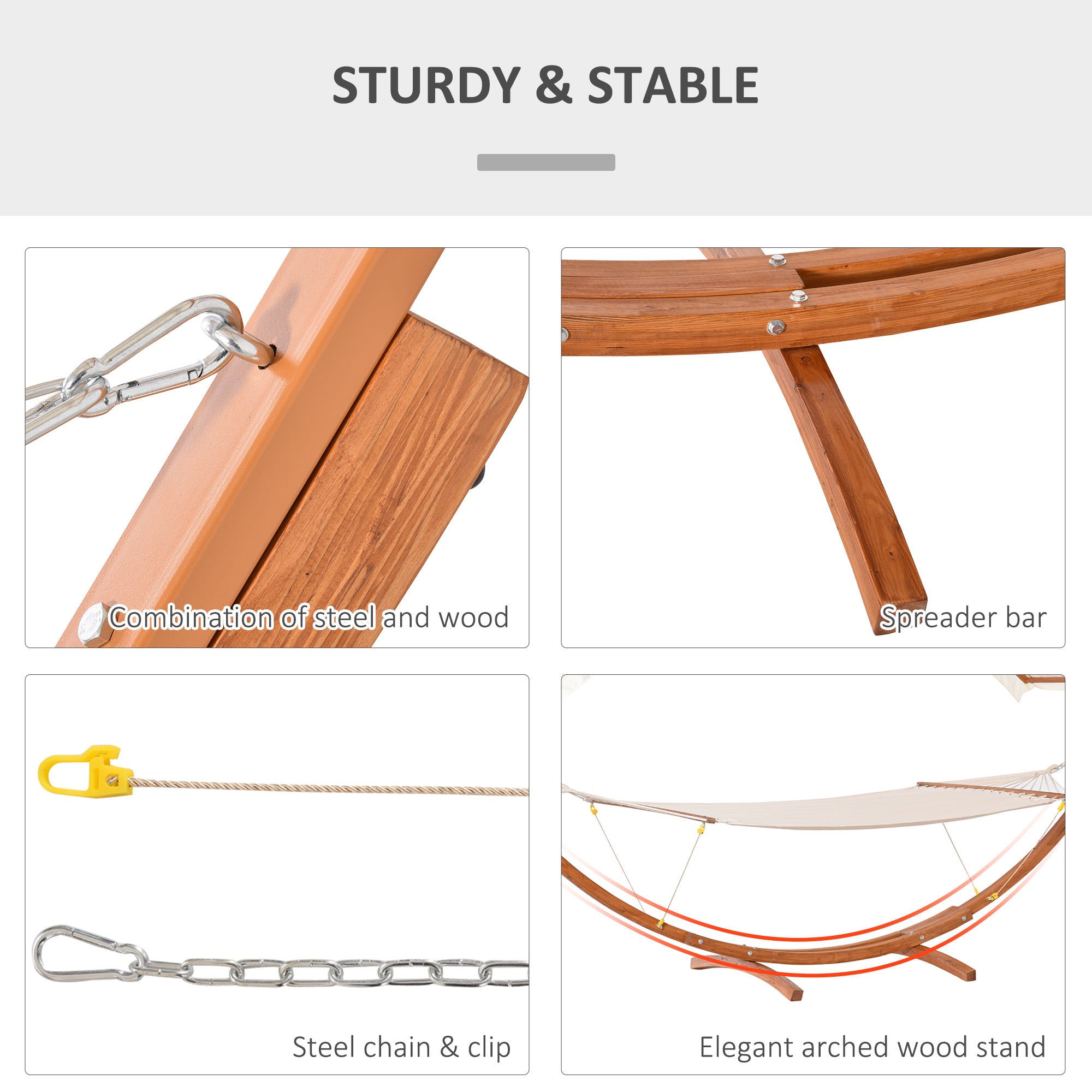 Outsunny 2 Person Wood Swing Arc Hammock Bed and Stand Set with Canopy, White/Teak