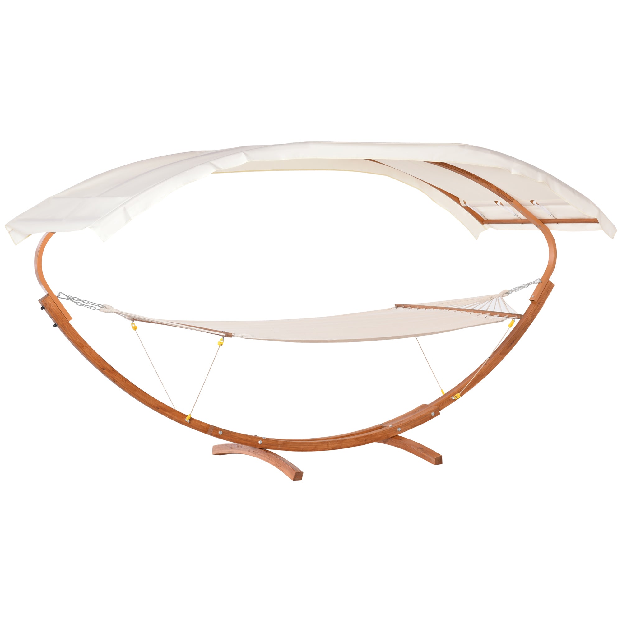 Outsunny 2 Person Wood Swing Arc Hammock Bed and Stand Set with Canopy, White/Teak