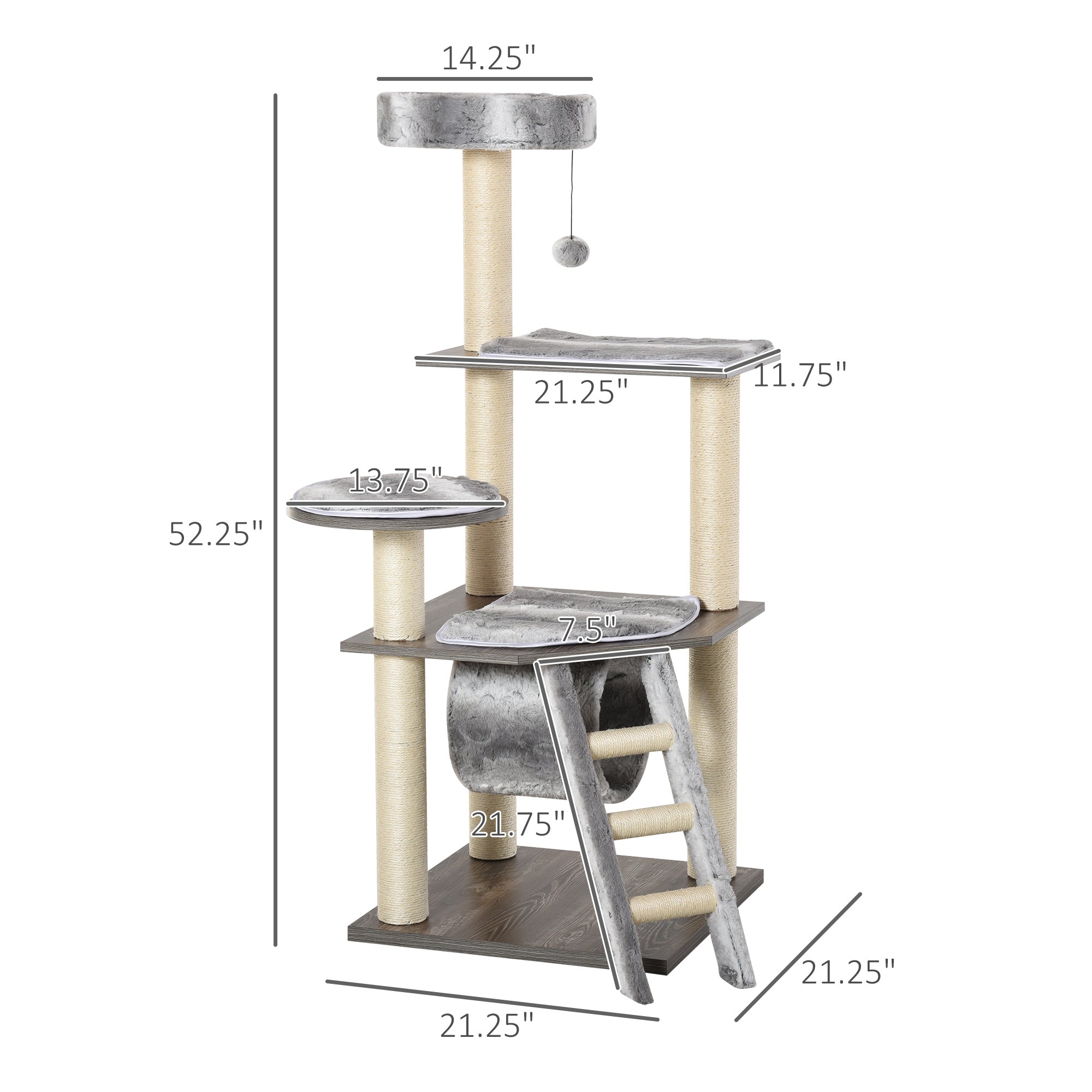PawHut Cat Tree Cat Tower for Large Cats Adult, 52in Climbing Kitten Activity Center with Sisal Scratching Post Tunnel Ladder Perch Hanging Balls, Grey
