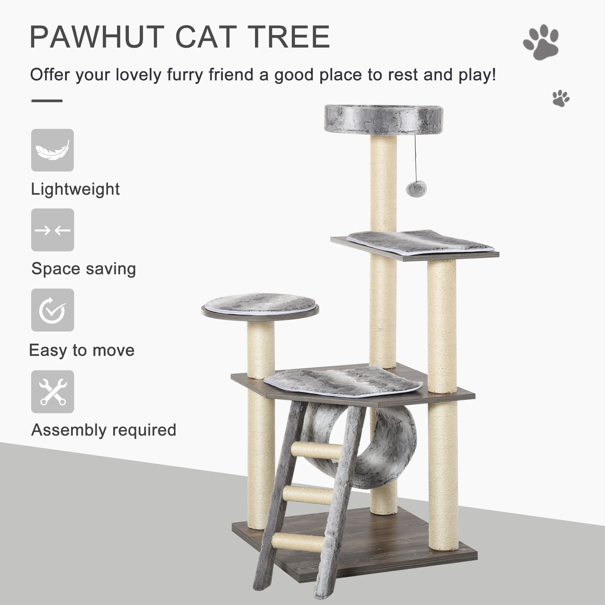 PawHut Cat Tree Cat Tower for Large Cats Adult, 52in Climbing Kitten Activity Center with Sisal Scratching Post Tunnel Ladder Perch Hanging Balls, Grey