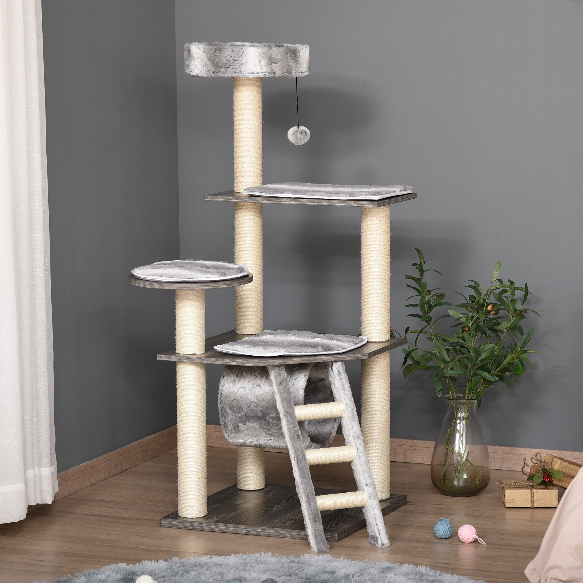 PawHut Cat Tree Cat Tower for Large Cats Adult, 52in Climbing Kitten Activity Center with Sisal Scratching Post Tunnel Ladder Perch Hanging Balls, Grey