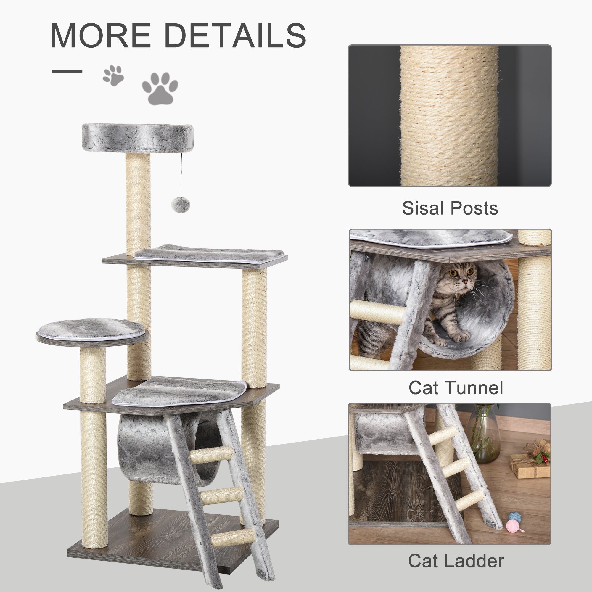 PawHut Cat Tree Cat Tower for Large Cats Adult, 52in Climbing Kitten Activity Center with Sisal Scratching Post Tunnel Ladder Perch Hanging Balls, Grey