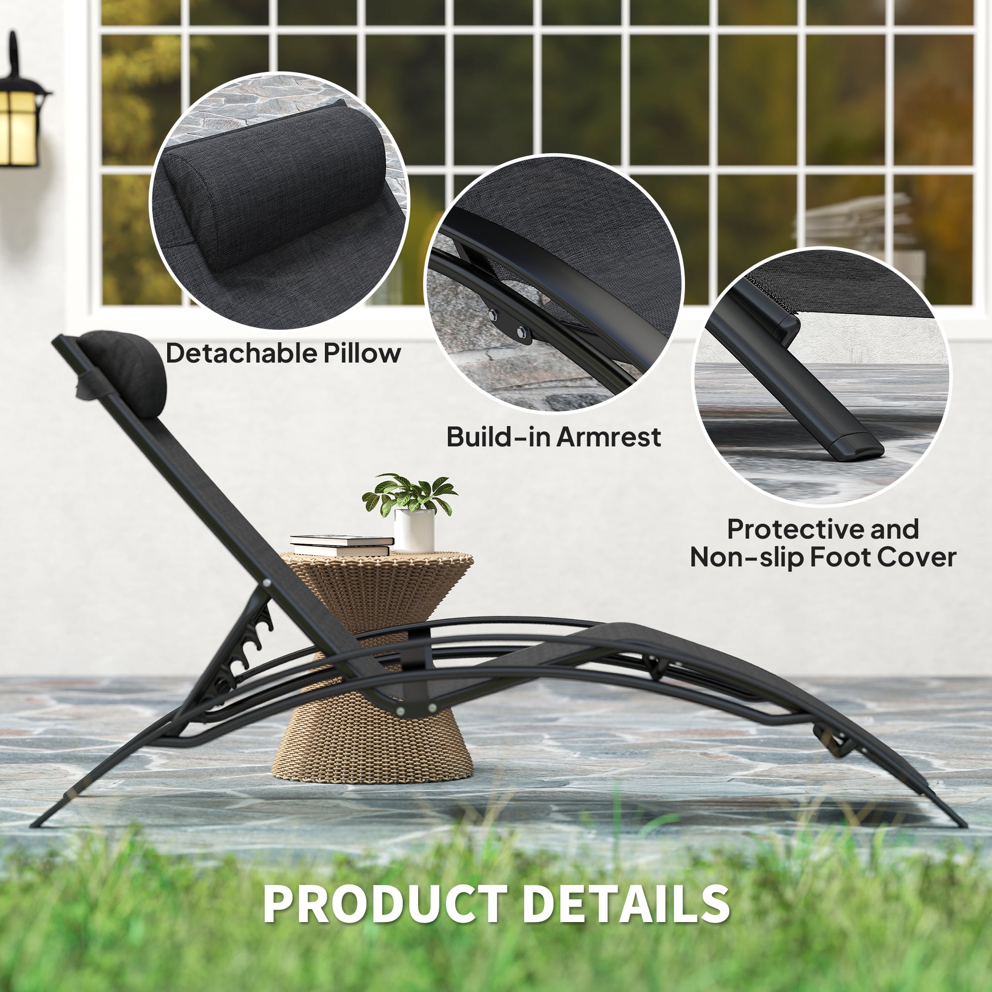Outsunny Patio Lounge Chair, Aluminum Reclining Outdoor Tanning Chair with 5-Level Adjustable Backrest, Head Pillow and Breathable Mesh Fabric, for Pool, Deck, Garden, Black