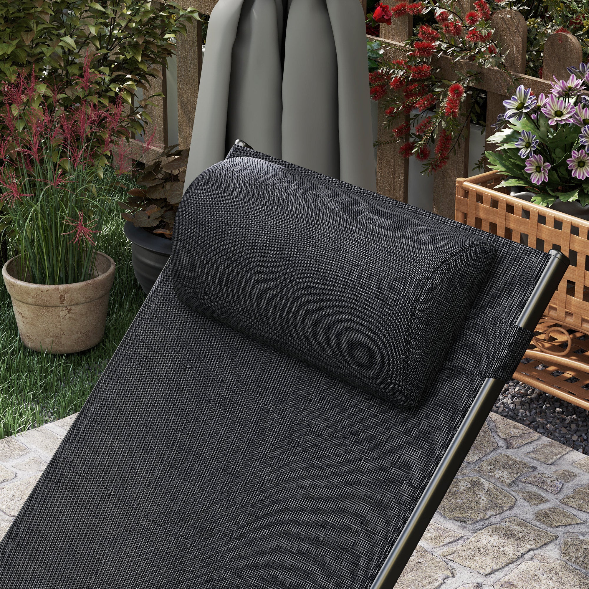 Outsunny Patio Lounge Chair, Aluminum Reclining Outdoor Tanning Chair with 5-Level Adjustable Backrest, Head Pillow and Breathable Mesh Fabric, for Pool, Deck, Garden, Black