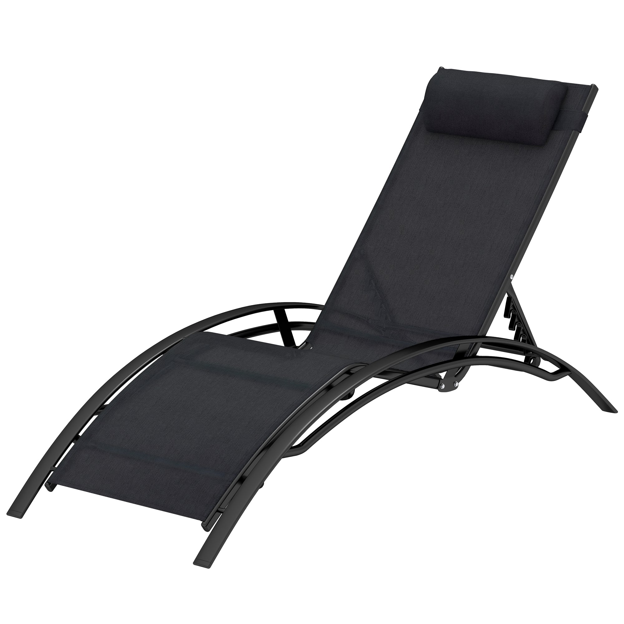 Outsunny Patio Lounge Chair, Aluminum Reclining Outdoor Tanning Chair with 5-Level Adjustable Backrest, Head Pillow and Breathable Mesh Fabric, for Pool, Deck, Garden, Black