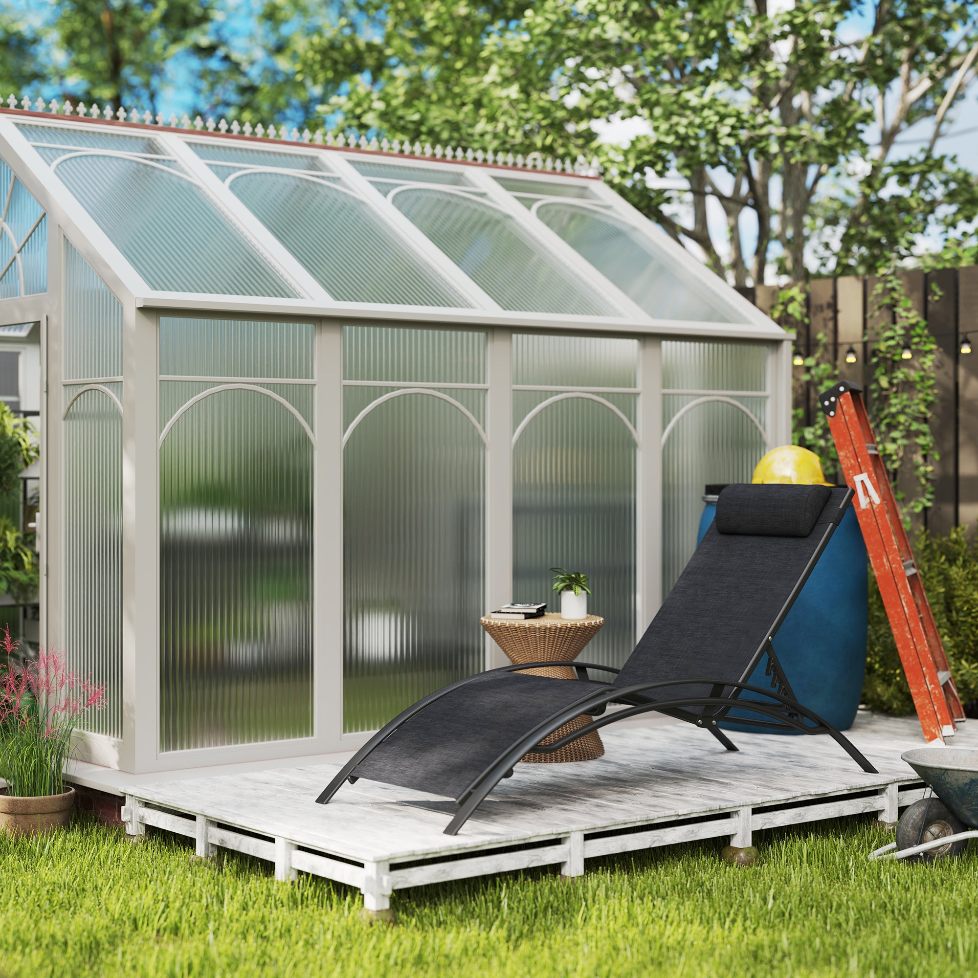 Outsunny Patio Lounge Chair, Aluminum Reclining Outdoor Tanning Chair with 5-Level Adjustable Backrest, Head Pillow and Breathable Mesh Fabric, for Pool, Deck, Garden, Black