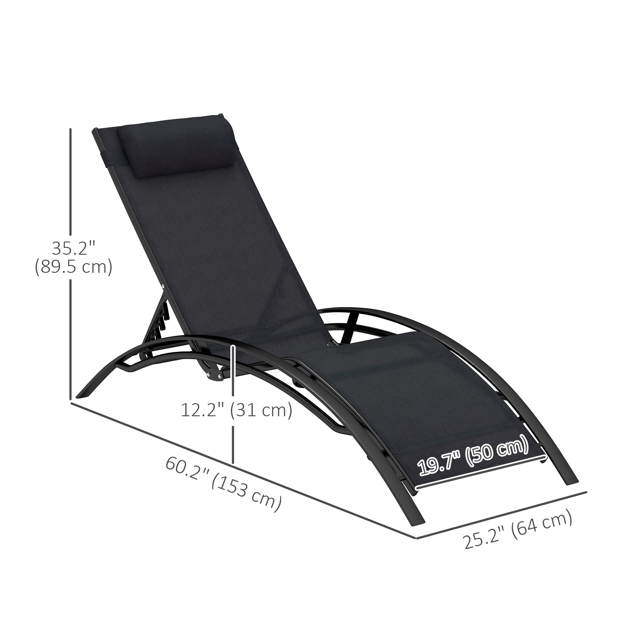 Outsunny Patio Lounge Chair, Aluminum Reclining Outdoor Tanning Chair with 5-Level Adjustable Backrest, Head Pillow and Breathable Mesh Fabric, for Pool, Deck, Garden, Black