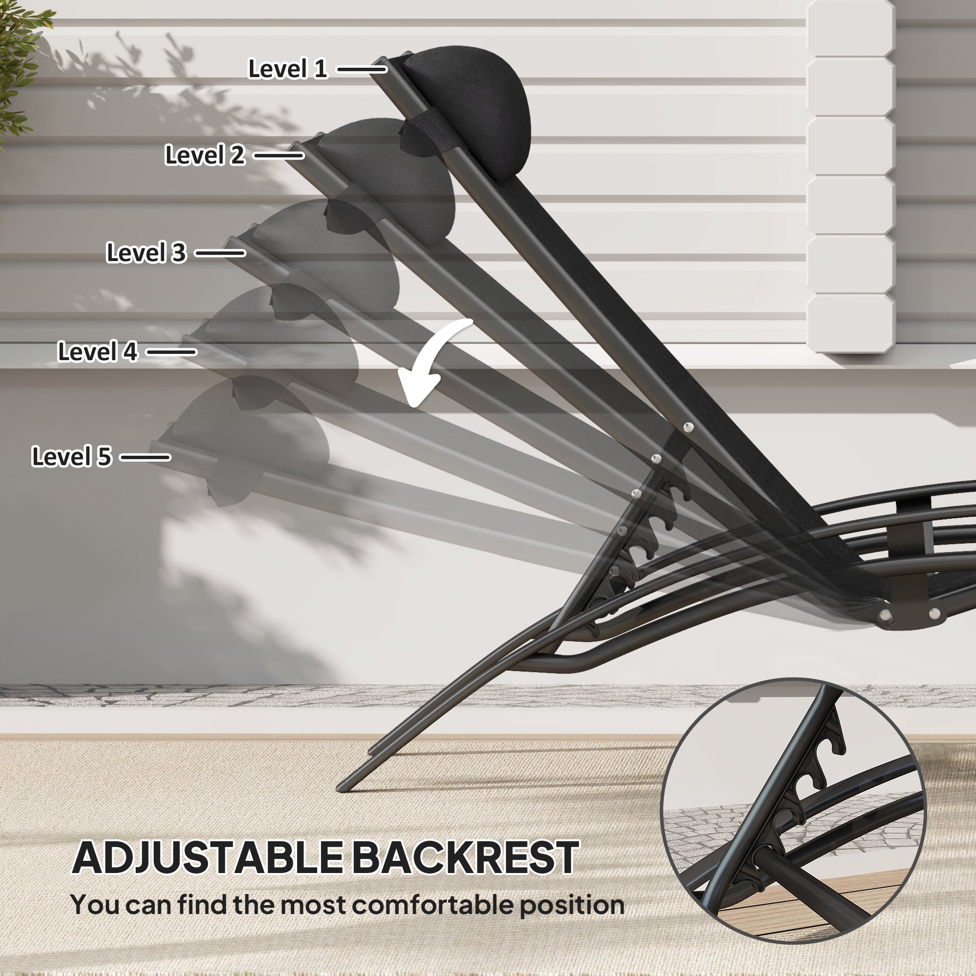 Outsunny Patio Lounge Chair, Aluminum Reclining Outdoor Tanning Chair with 5-Level Adjustable Backrest, Head Pillow and Breathable Mesh Fabric, for Pool, Deck, Garden, Black