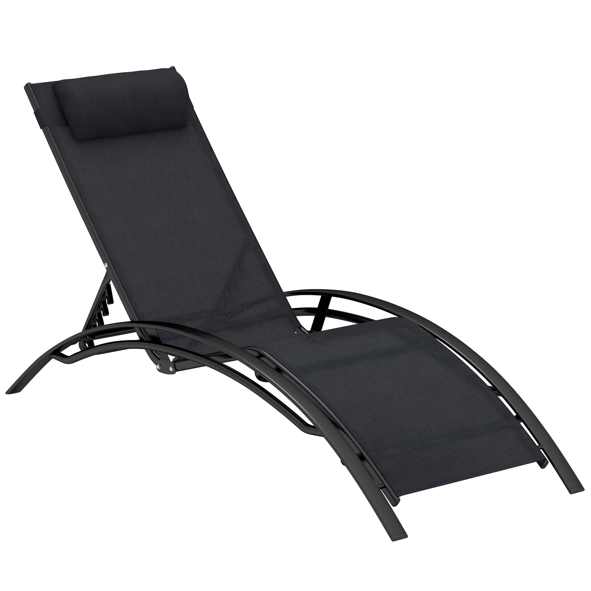 Outsunny Patio Lounge Chair, Aluminum Reclining Outdoor Tanning Chair with 5-Level Adjustable Backrest, Head Pillow and Breathable Mesh Fabric, for Pool, Deck, Garden, Black