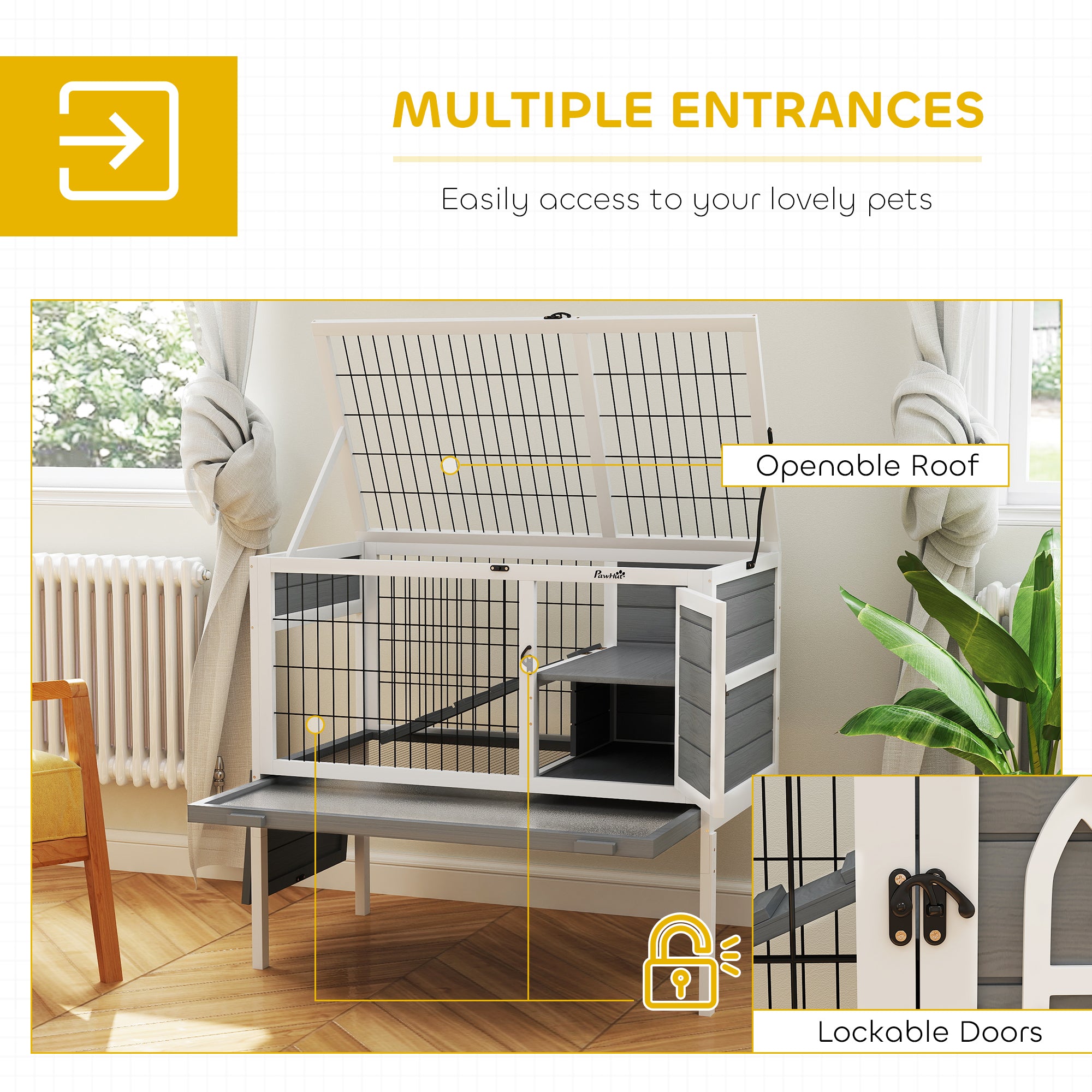 PawHut Wooden Rabbit Hutch, Elevated Guinea Pig Cage w/ Openable Roof, Ladder, Removable Tray, 90 x 53 x 87cm - Grey