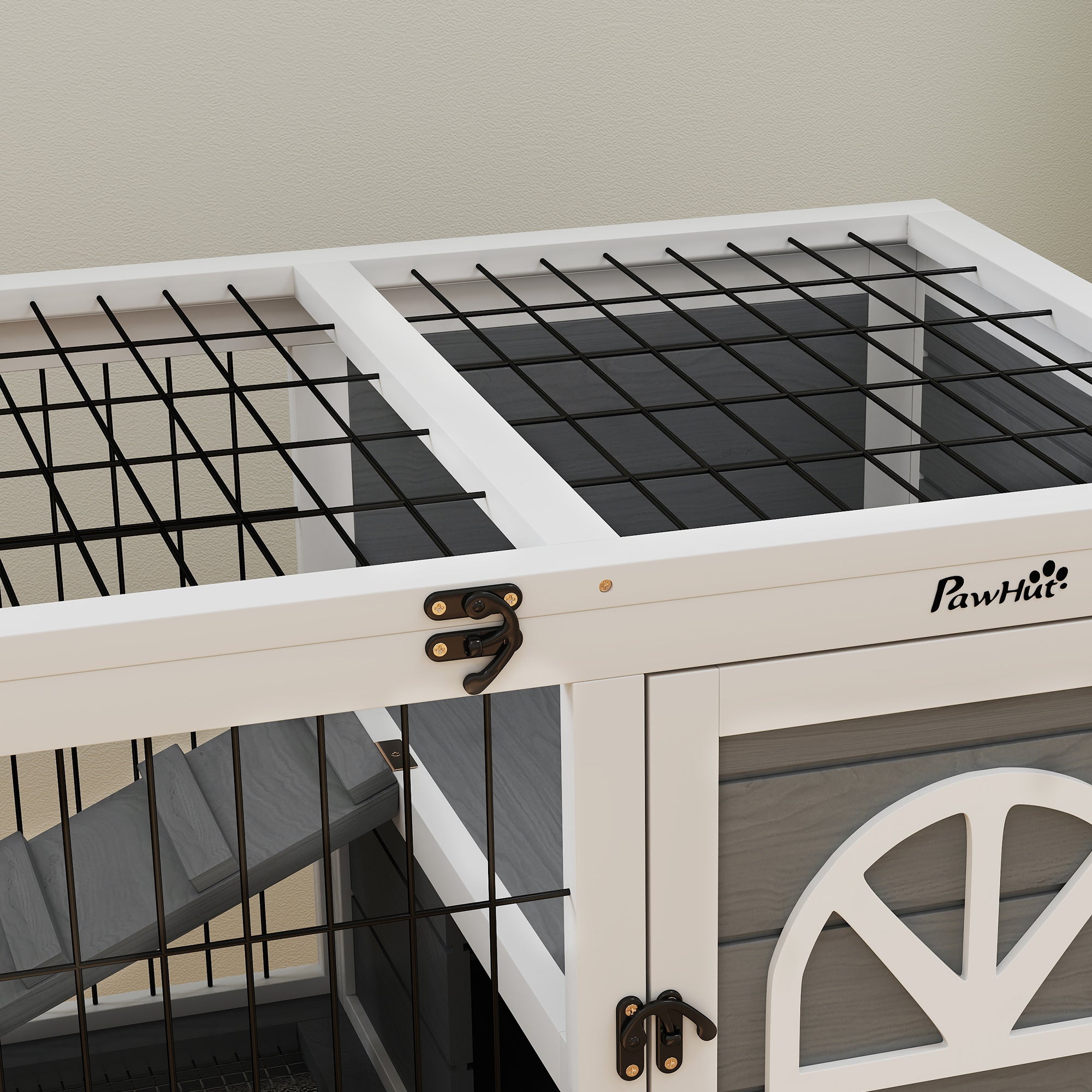 PawHut Wooden Rabbit Hutch, Elevated Guinea Pig Cage w/ Openable Roof, Ladder, Removable Tray, 90 x 53 x 87cm - Grey