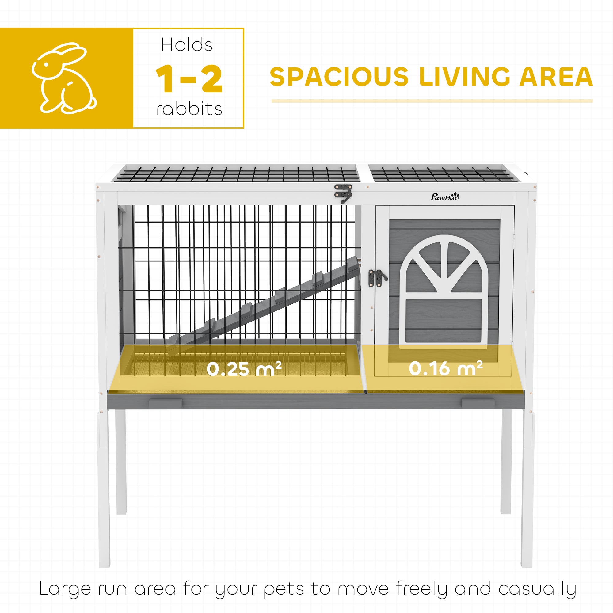 PawHut Wooden Rabbit Hutch, Elevated Guinea Pig Cage w/ Openable Roof, Ladder, Removable Tray, 90 x 53 x 87cm - Grey