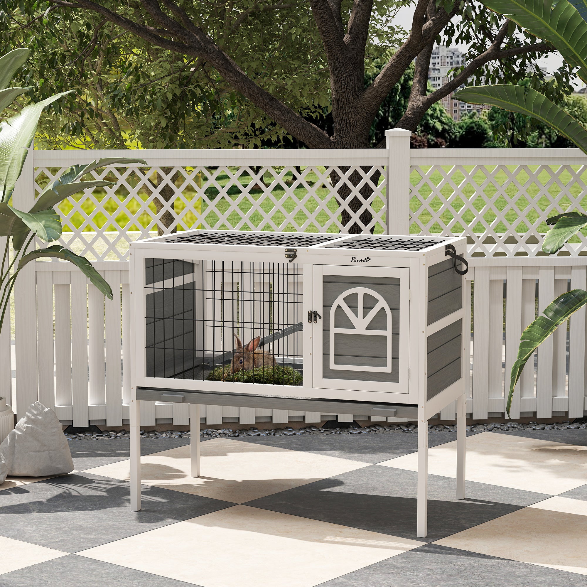 PawHut Wooden Rabbit Hutch, Elevated Guinea Pig Cage w/ Openable Roof, Ladder, Removable Tray, 90 x 53 x 87cm - Grey