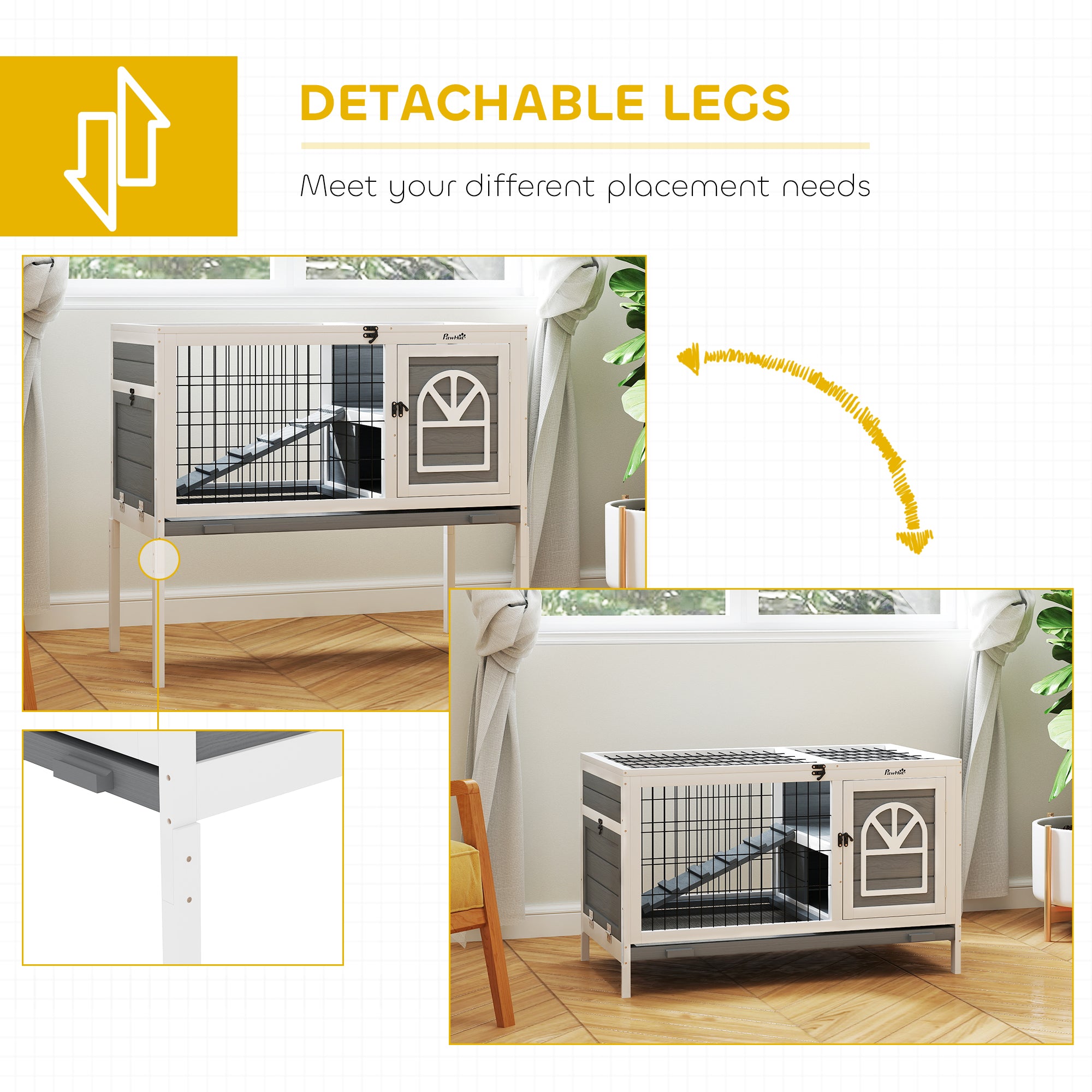 PawHut Wooden Rabbit Hutch, Elevated Guinea Pig Cage w/ Openable Roof, Ladder, Removable Tray, 90 x 53 x 87cm - Grey