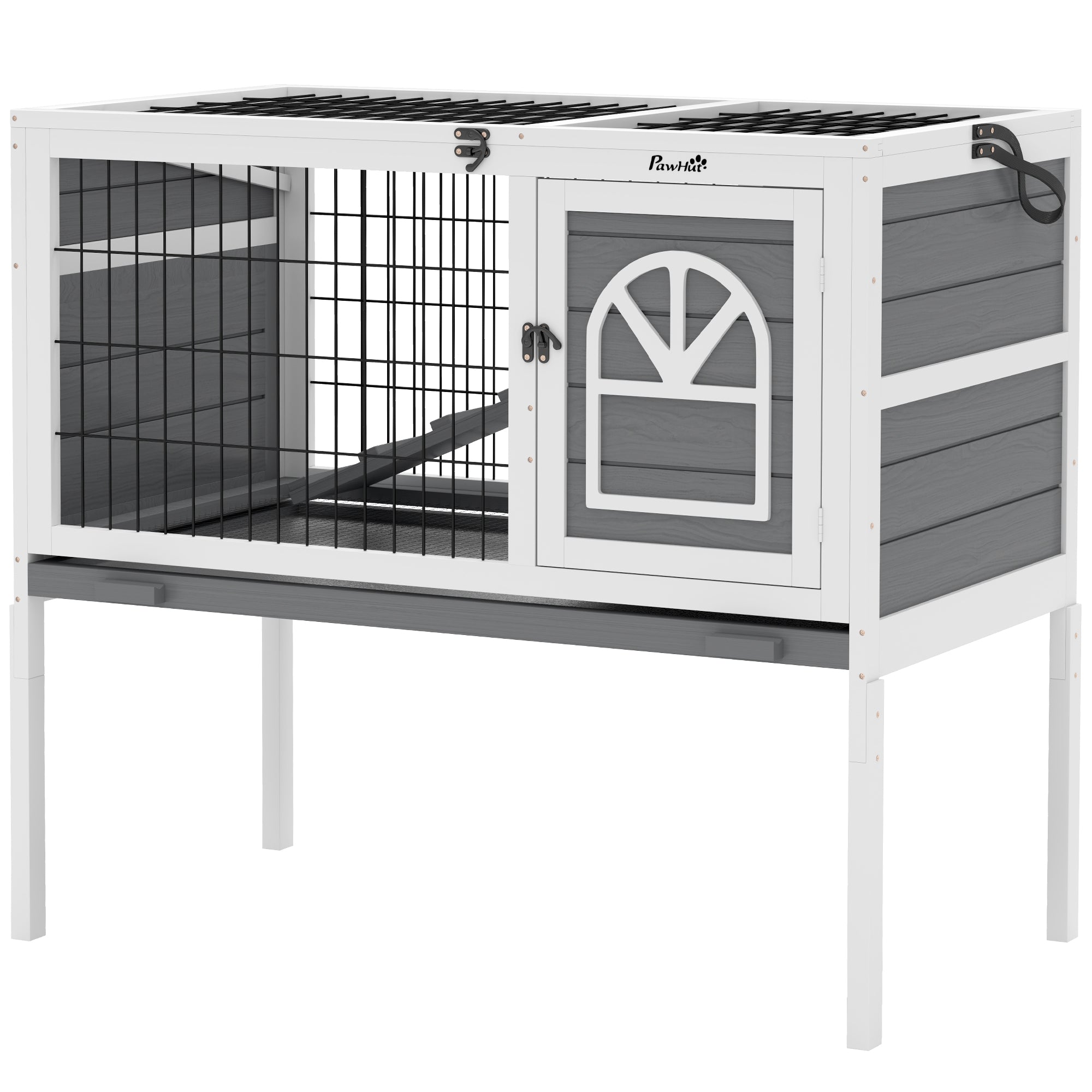 PawHut Wooden Rabbit Hutch, Elevated Guinea Pig Cage w/ Openable Roof, Ladder, Removable Tray, 90 x 53 x 87cm - Grey
