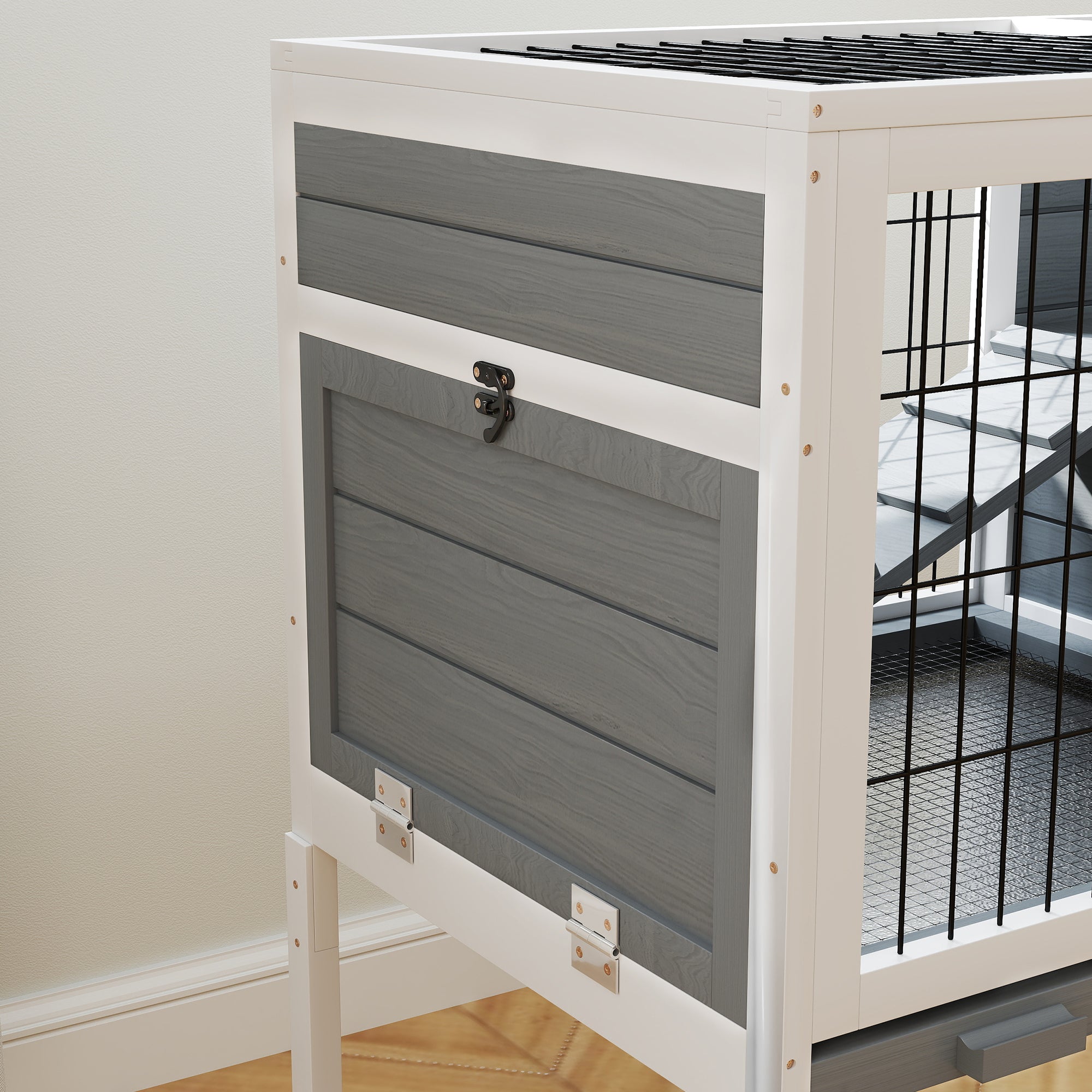 PawHut Wooden Rabbit Hutch, Elevated Guinea Pig Cage w/ Openable Roof, Ladder, Removable Tray, 90 x 53 x 87cm - Grey
